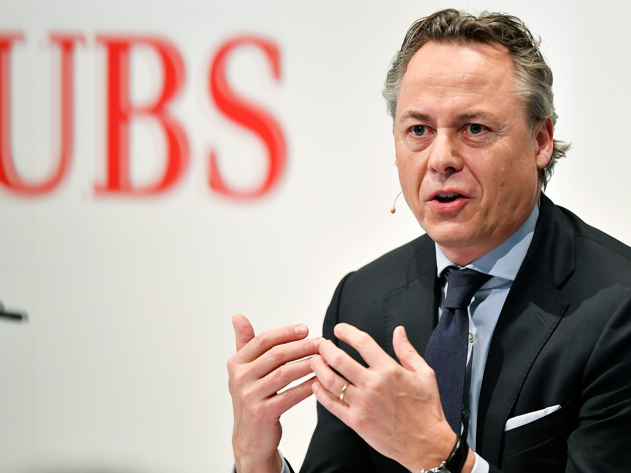 Ralph Hamers, new CEO of Swiss Bank UBS, gestures during a press conference in Zurich, Switzerland, Thursday, Feb. 20, 2020. Dutchman Ralph Hamers will replace Sergio Ermotti, who is still UBS boss, on Nov. 1, 2020. (Walter Bieri/Keystone via AP)