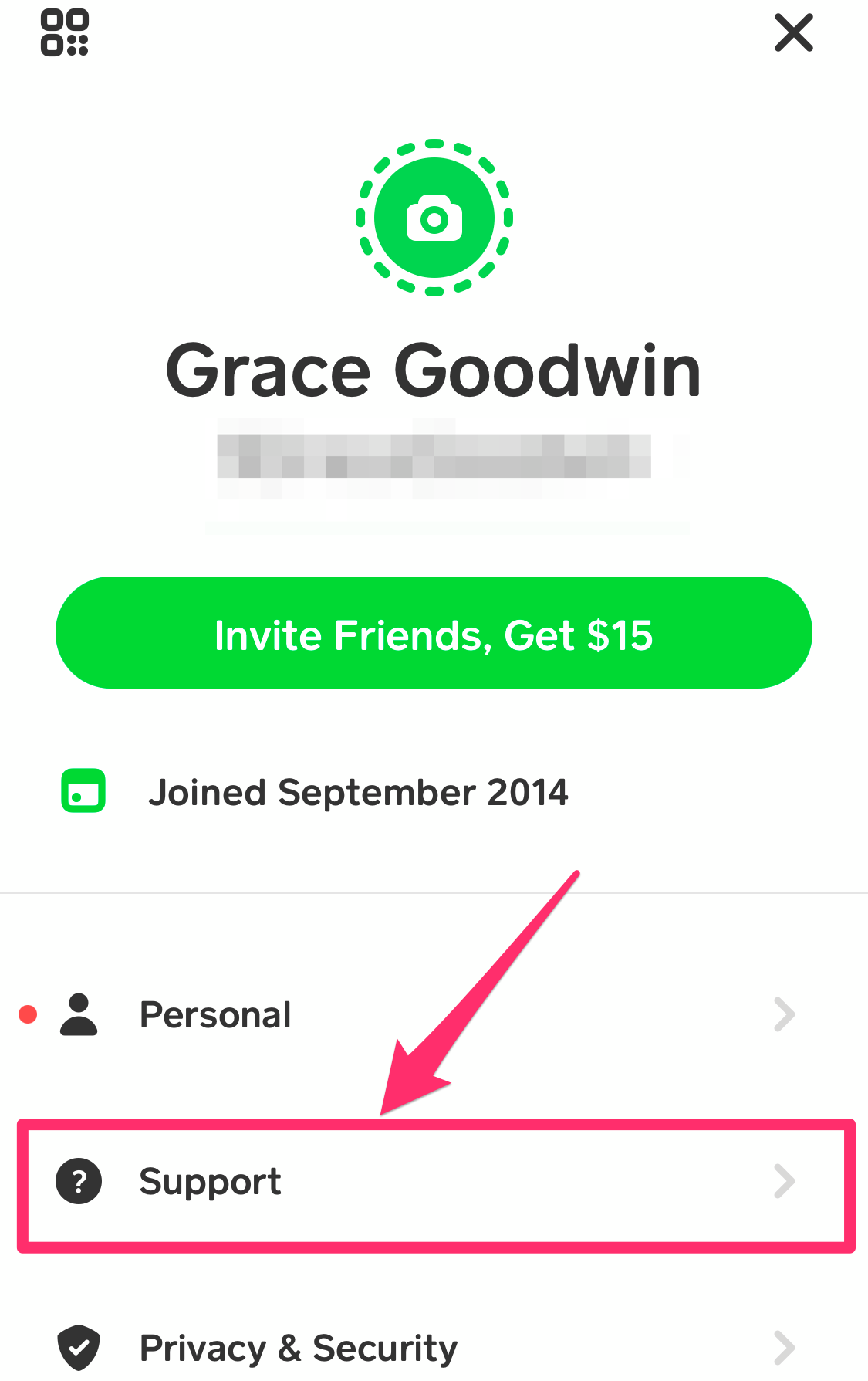 Cash App profile menu