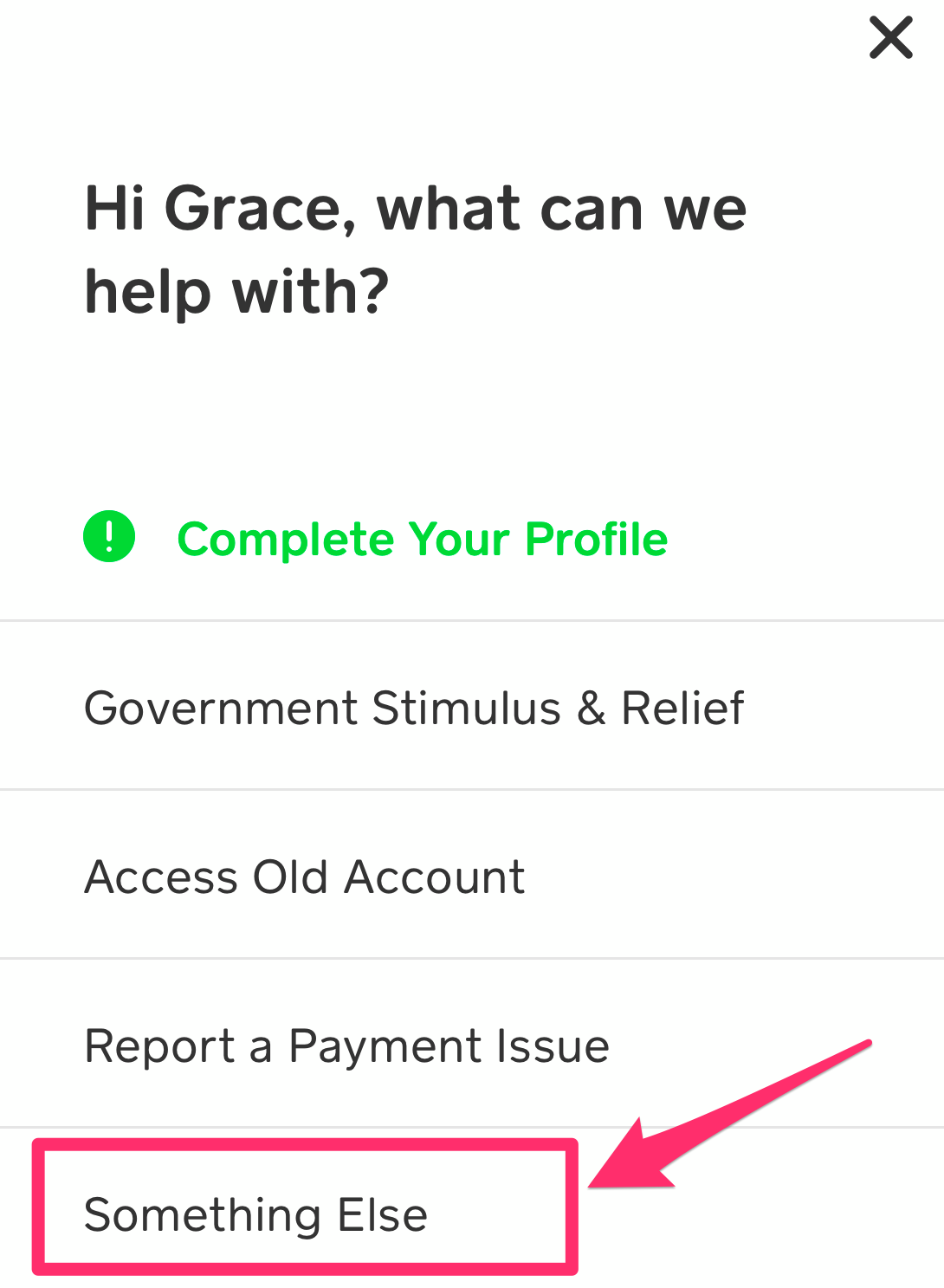 Cash App Something Else menu