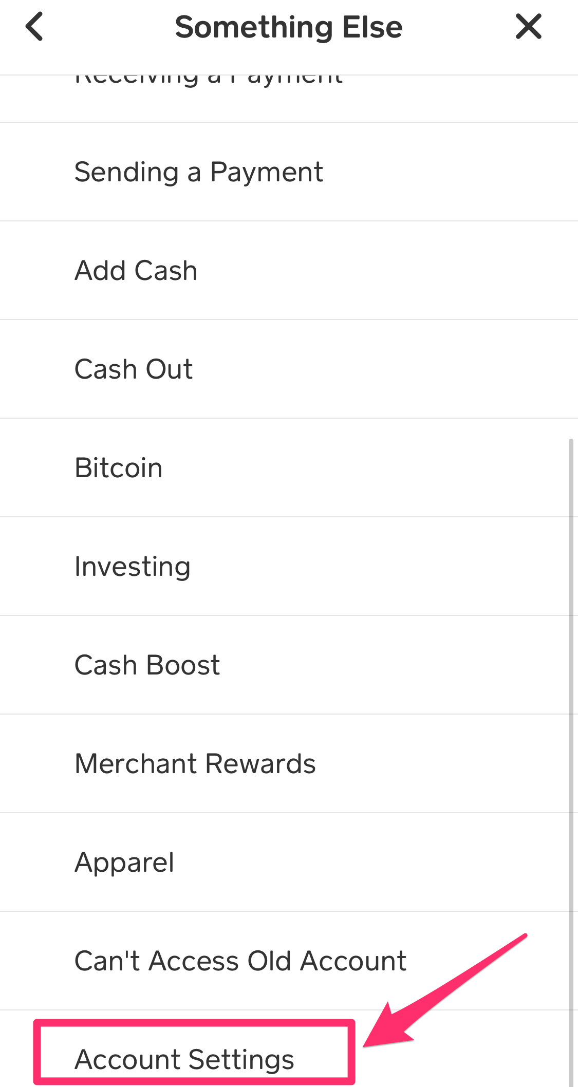 Cash App Something Else menu 2