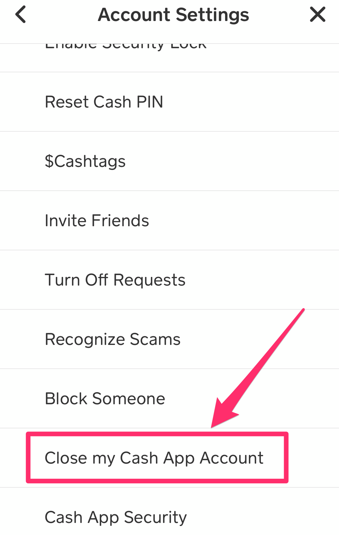 Cash App Account Settings menu