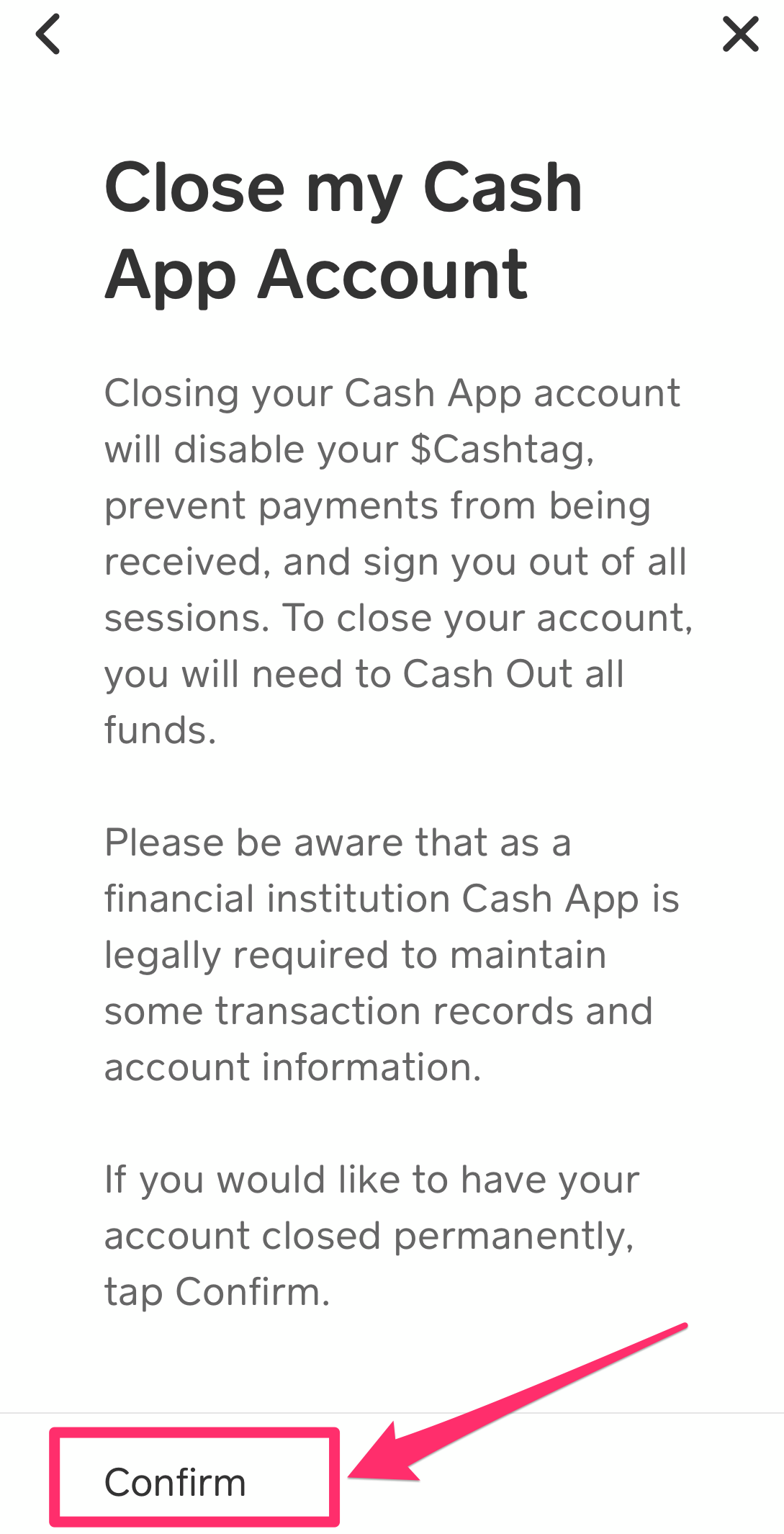 Close my Cash App Account screen