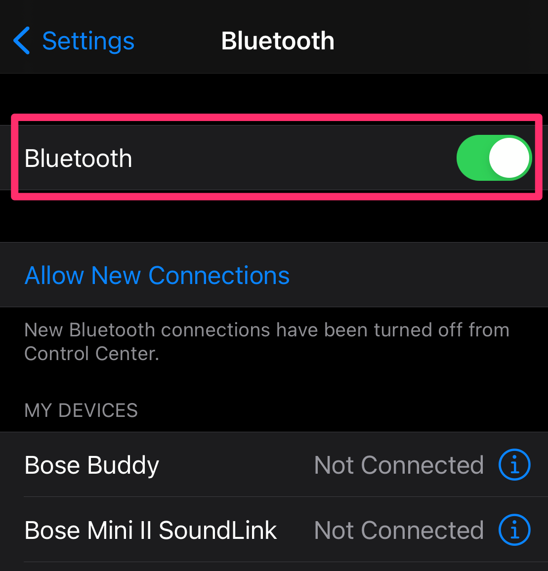 Bluetooth swipe button in Settings