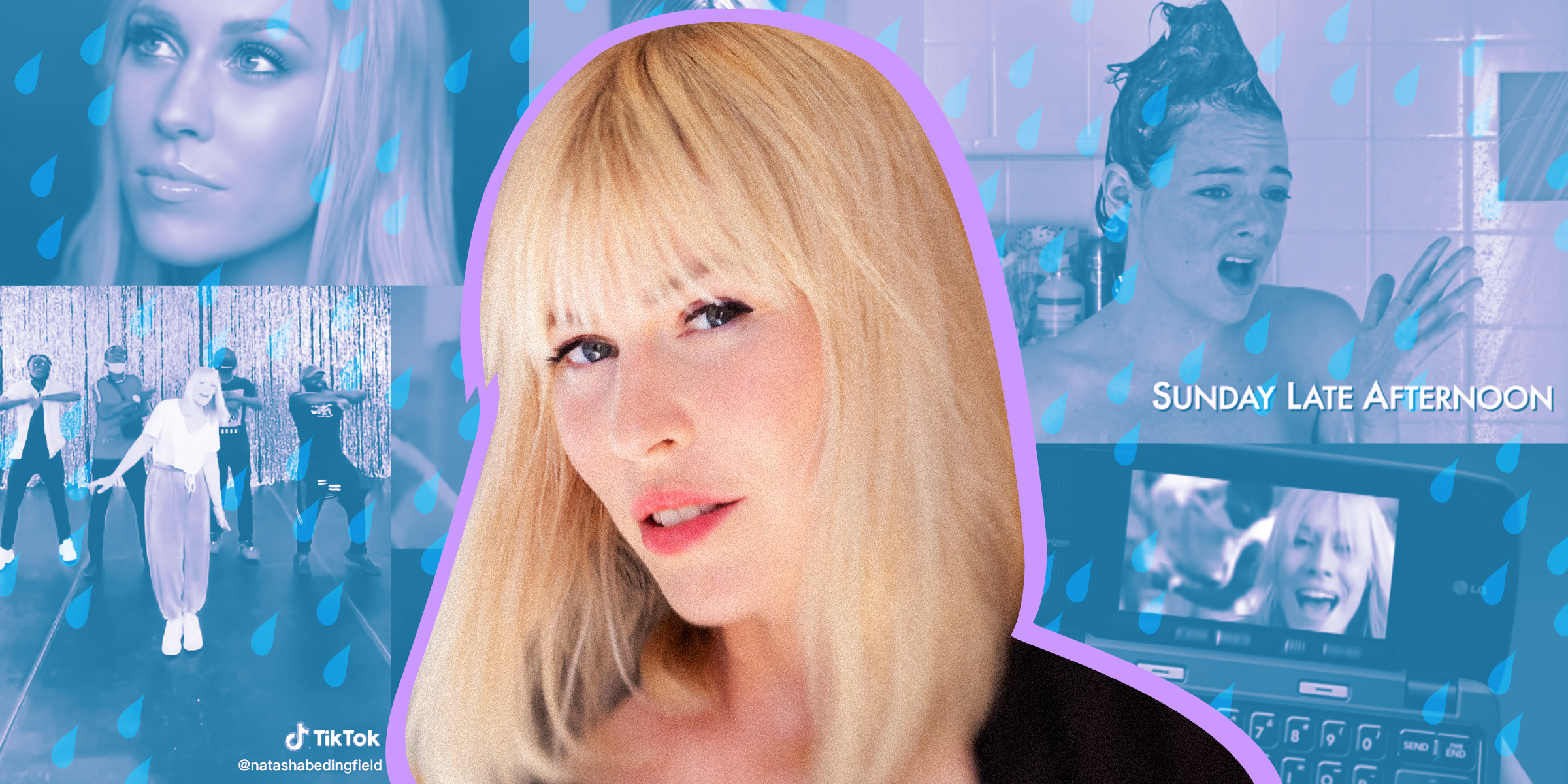 Natasha Bedingfield against a blue and purple backdrop featuring raindrops and screenshots from her music videos, TikTok, and the "Easy A" scene where Emma Stone sings "Pocketful of Sunshine"