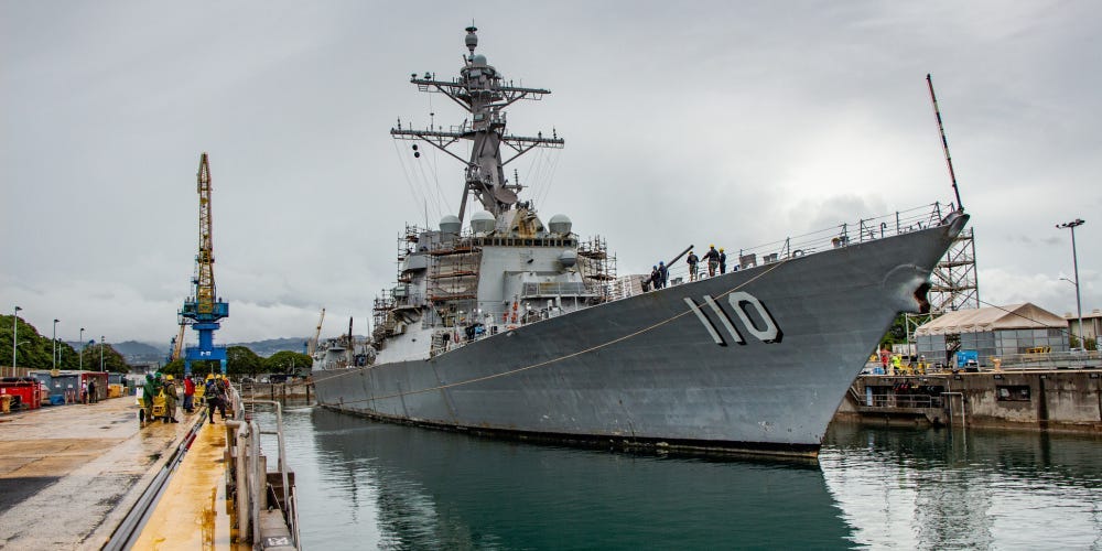 The Arleigh Burke-class guided-missile destroyer USS William P Lawrence in dry dock