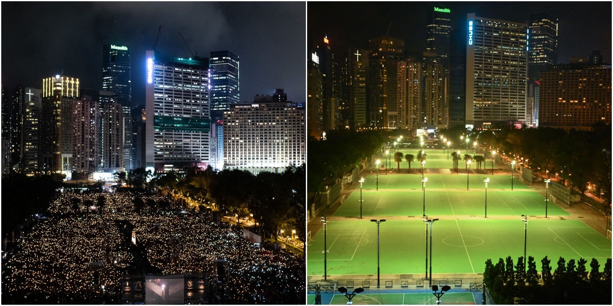 Hong Kong's Victoria Square on June 4, 2019, left, and June 4, 2021, right.