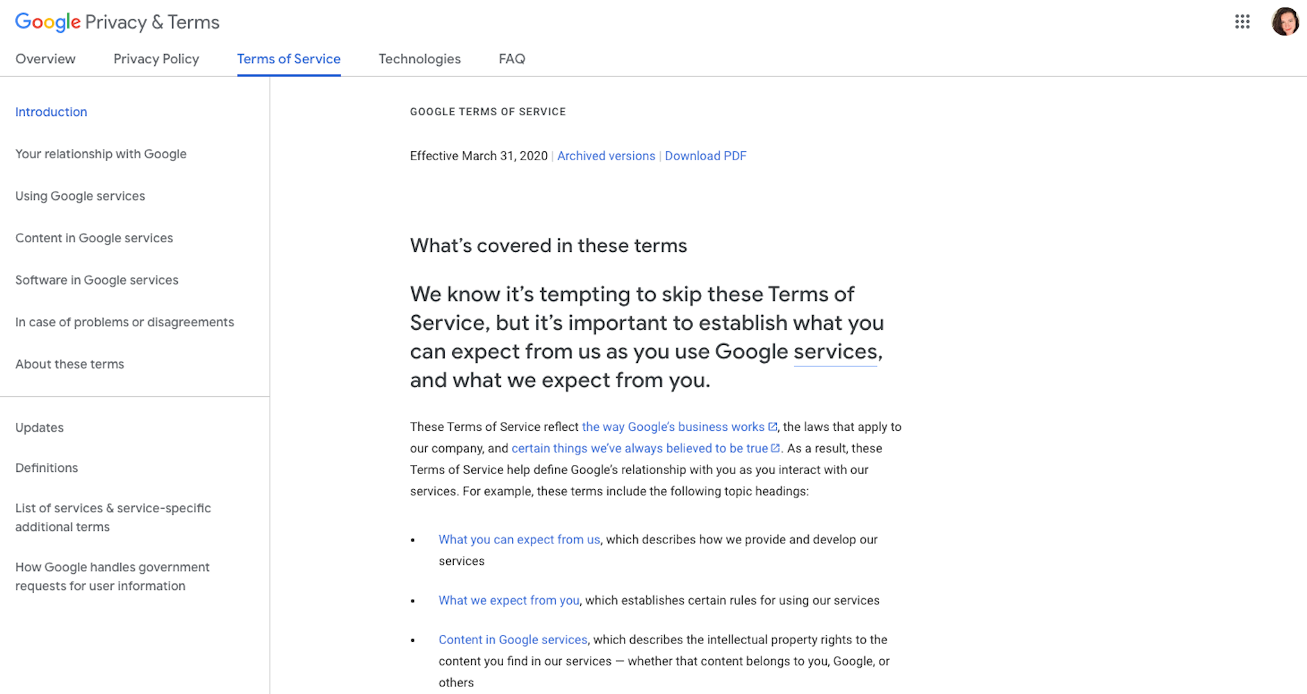 Google terms of service