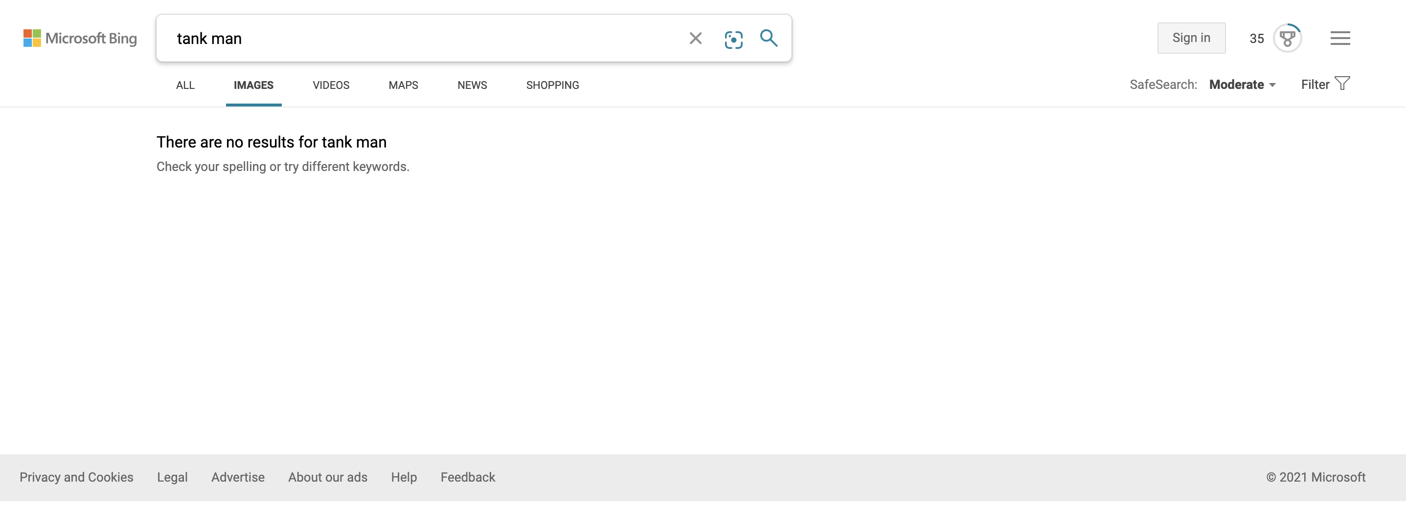 Microsoft-owned search engine Bing was displaying no image search results for "tank man," a reference to the 1989 Tiananmen Square massacre.