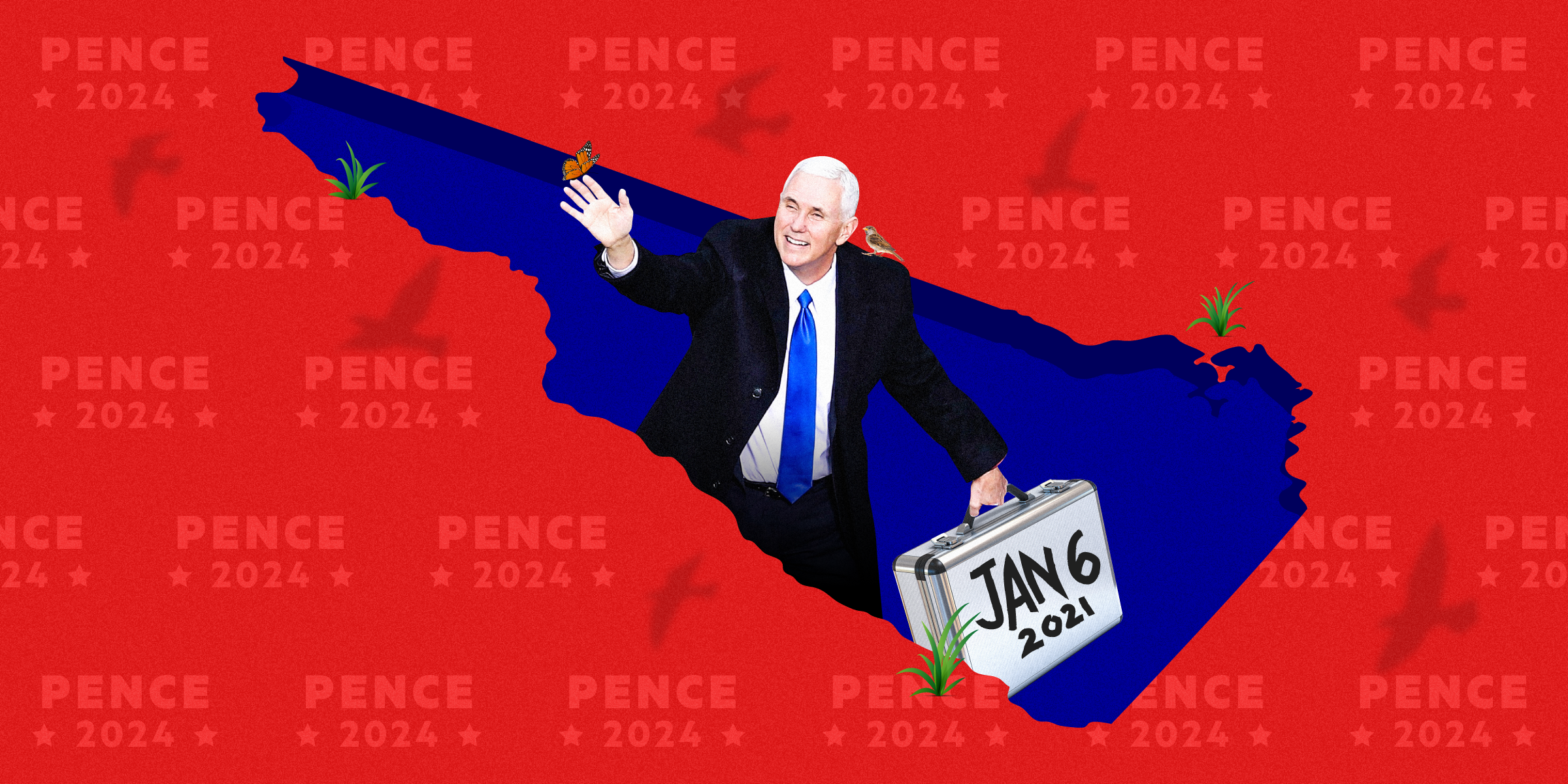 For vice president Mike Pence coming out of a New Hampshire shaped hole holding a suitcase surrounded by wildlife and nature on a red background.