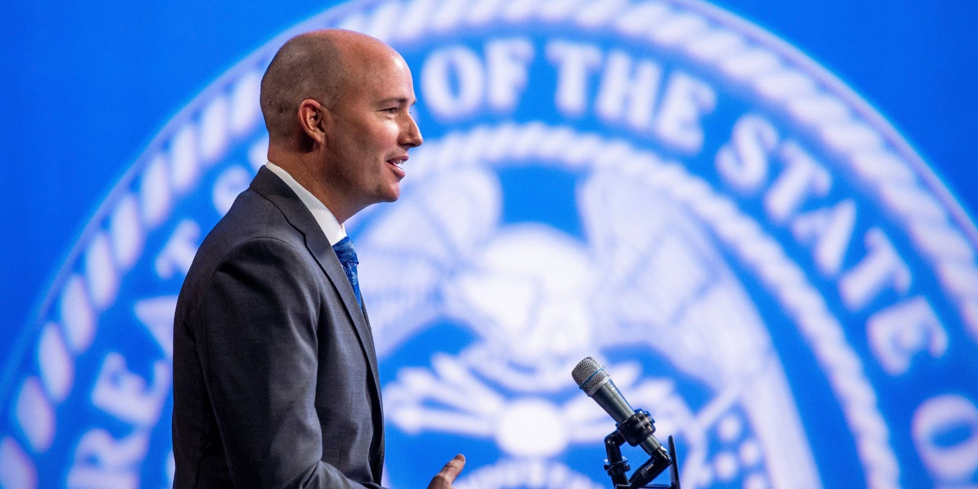 Utah Gov. Spencer Cox speaks during his monthly news conference in Salt Lake City.