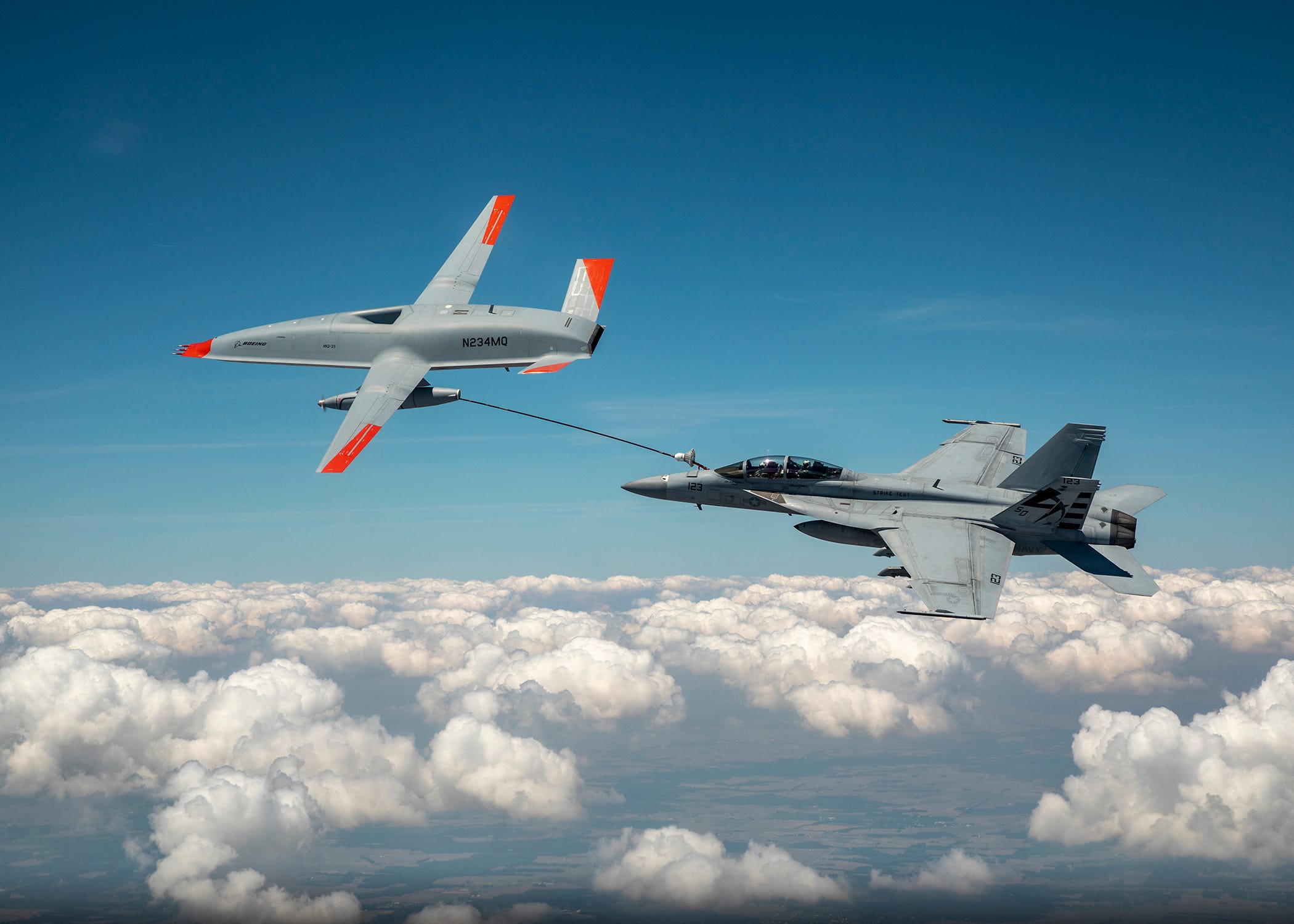 MQ-25 Stingray refuels F/A-18 Super Hornet
