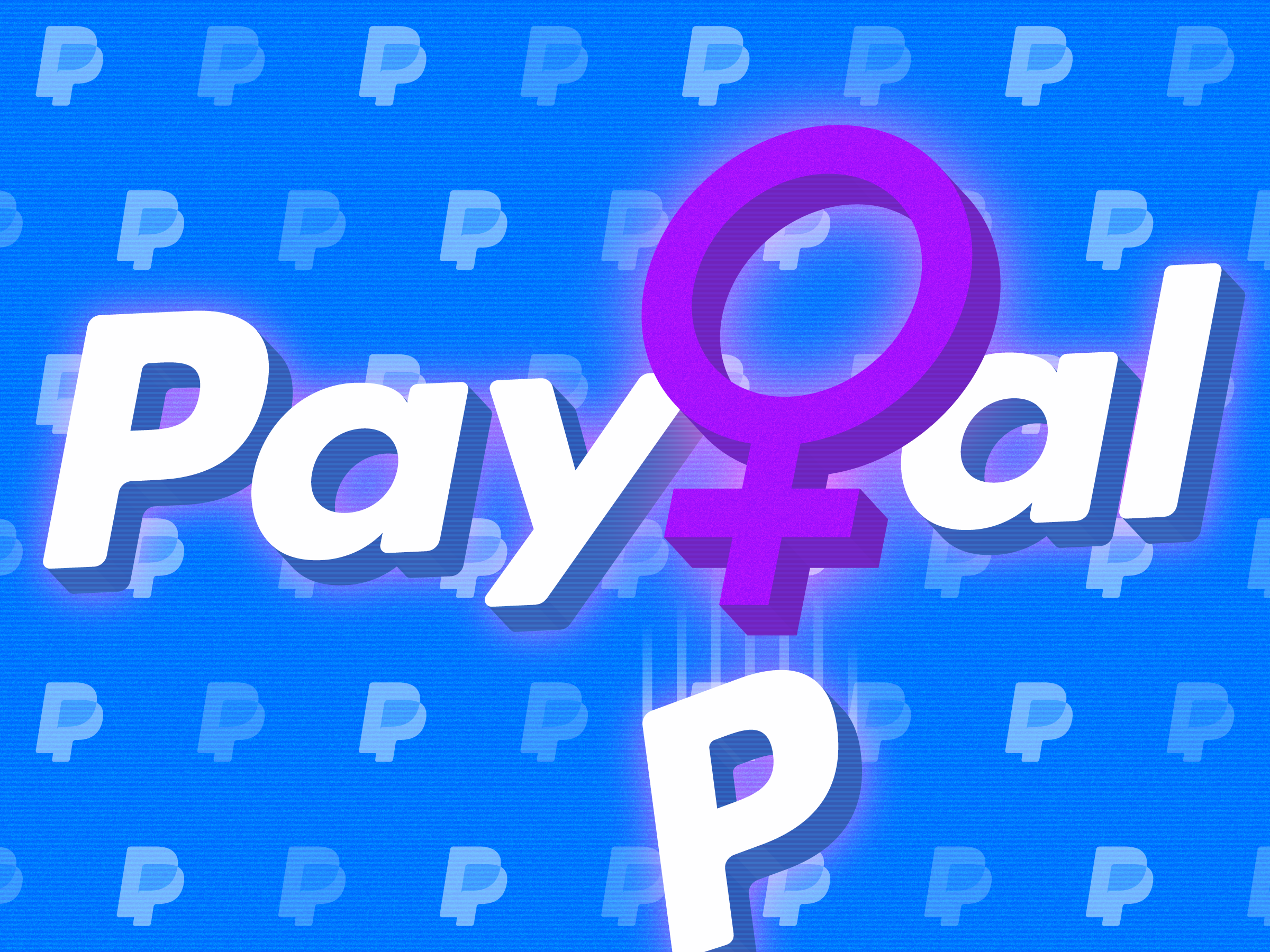 White PayPal logo with a female/Venus symbol replacing the "P" in "Pal" on a PayPal patterned blue background.