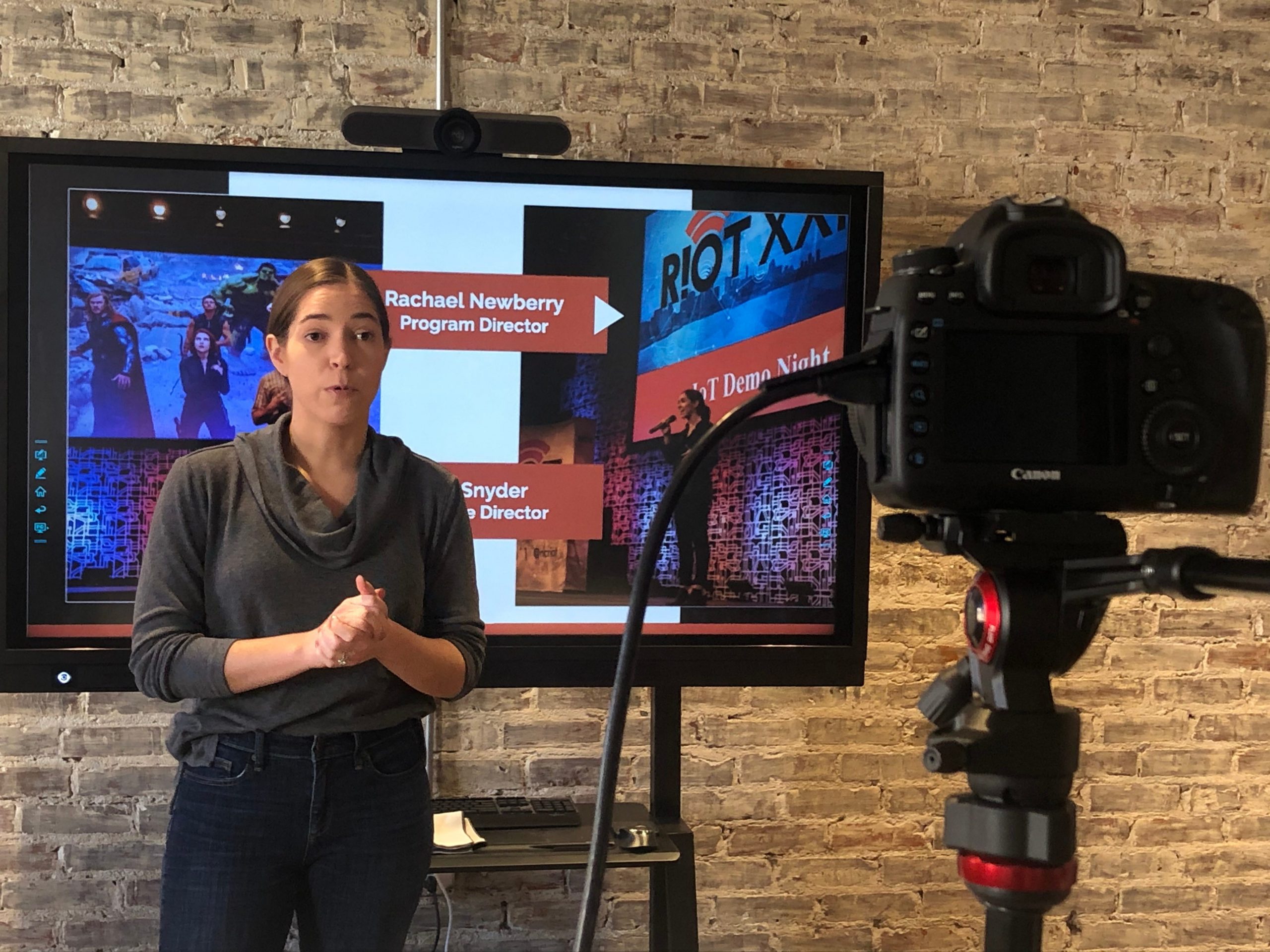 Rachael Newberry, RIoT's program director, connecting virtually to a cohort of startups during pandemic gathering restrictions.