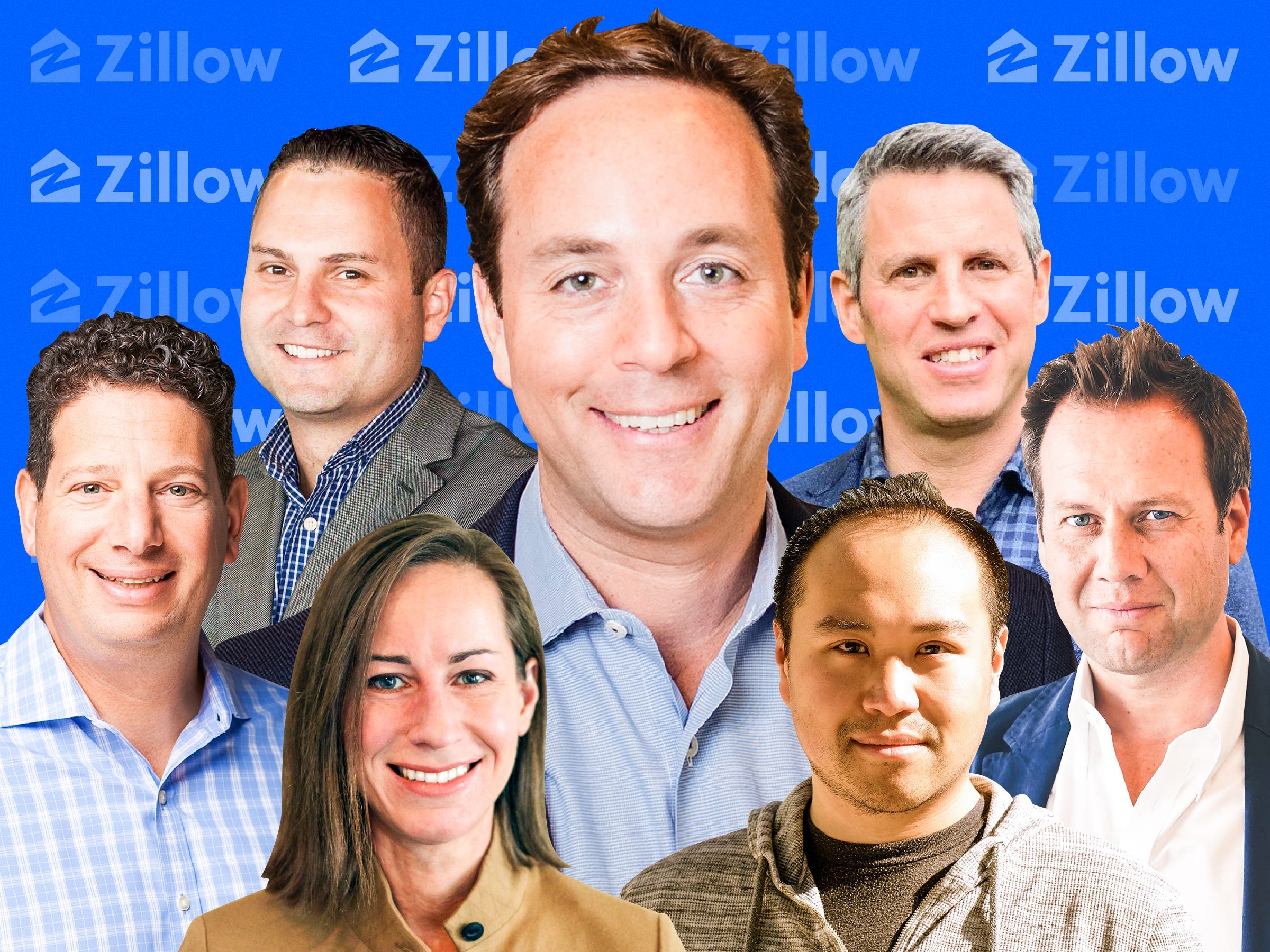 From left: Paul Levine, Nick Taylor, Carey Armstrong, Spencer Rascoff, Greg Schwartz, Brian Ma, and Peter Flint with Zillow's logo patterned out on a blue background