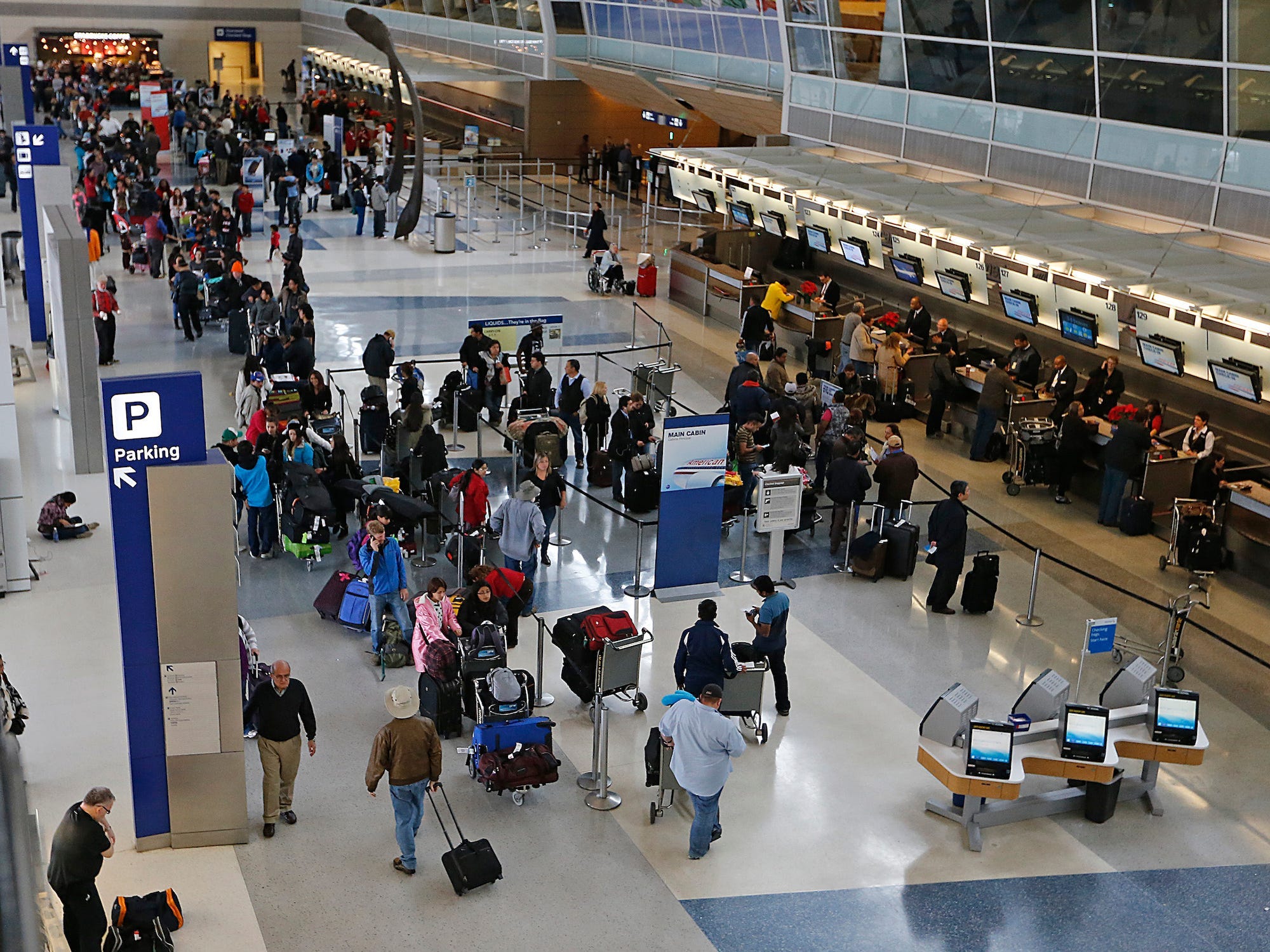 Passengers waiting to speak with ticket agents at American Airlines line the length of Terminal D at DFW International Airport December 6, 2013 in Dallas, Texas.