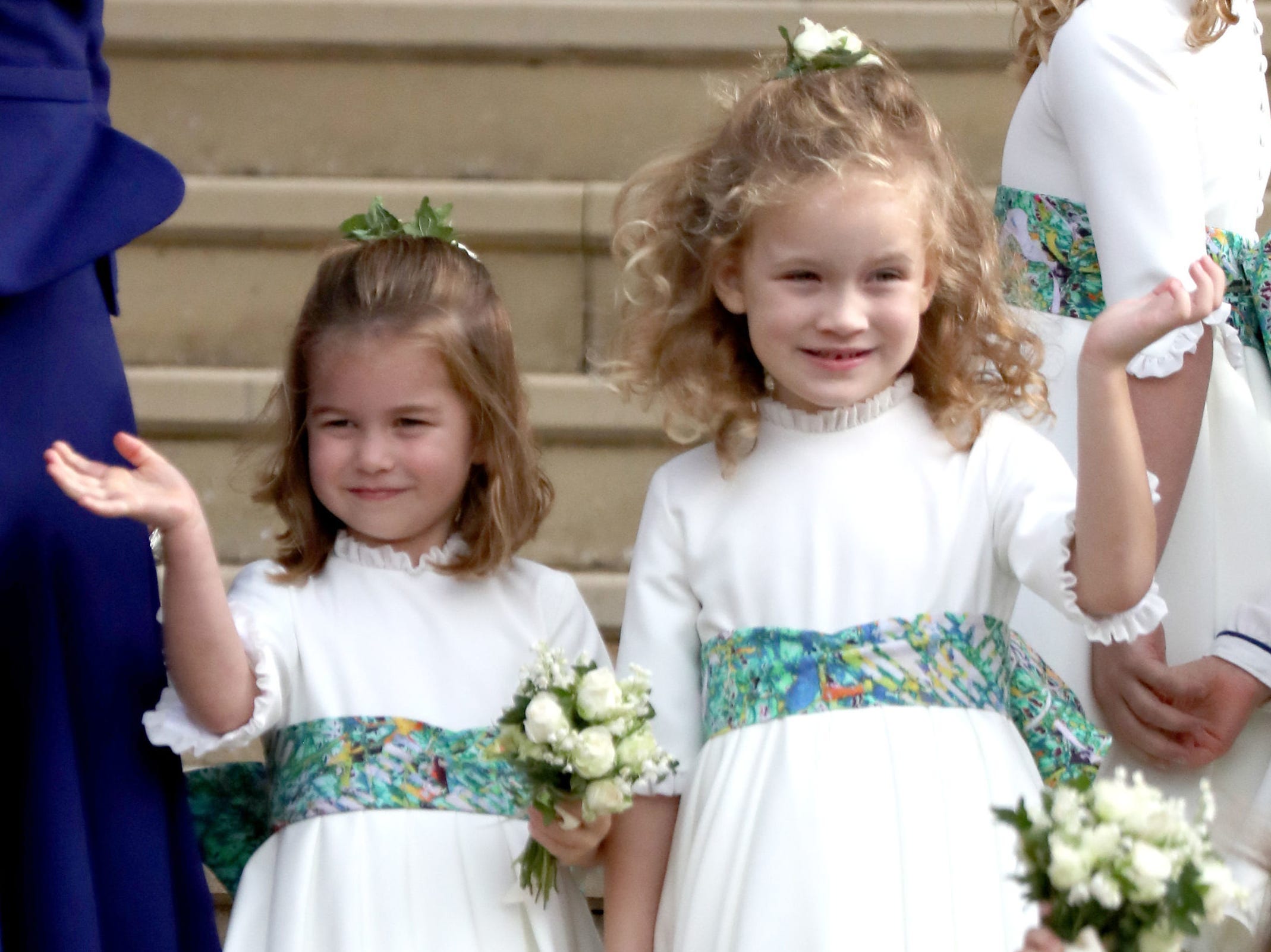 Bridesmaid Princess Charlotte of Cambridge and Maud Windsor after the wedding of Princess Eugenie of York and Jack Brooksbank at St. George's Chapel in Windsor.