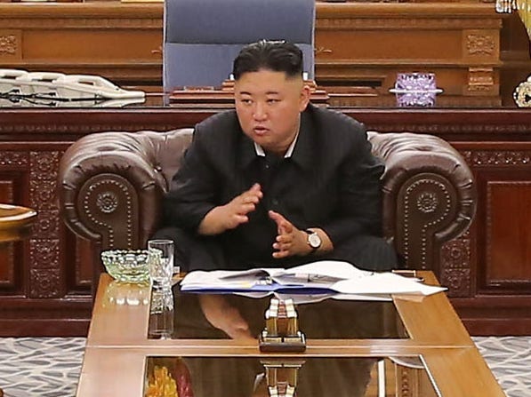 North Korean leader Kim Jong Un at a meeting with senior officials from the Workers' Party of Korea (WPK) Central Committee and Provincial Party Committees in Pyongyang, North Korea, in this undated photo released on June 8, 2021 by North Korea's Korean Central News Agency (KCNA)