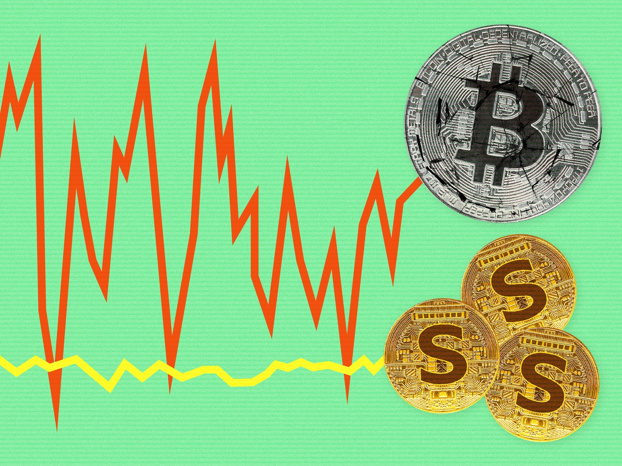 A volatile Bitcoin chart line with a stable Stablecoin chart line below it on a light green background