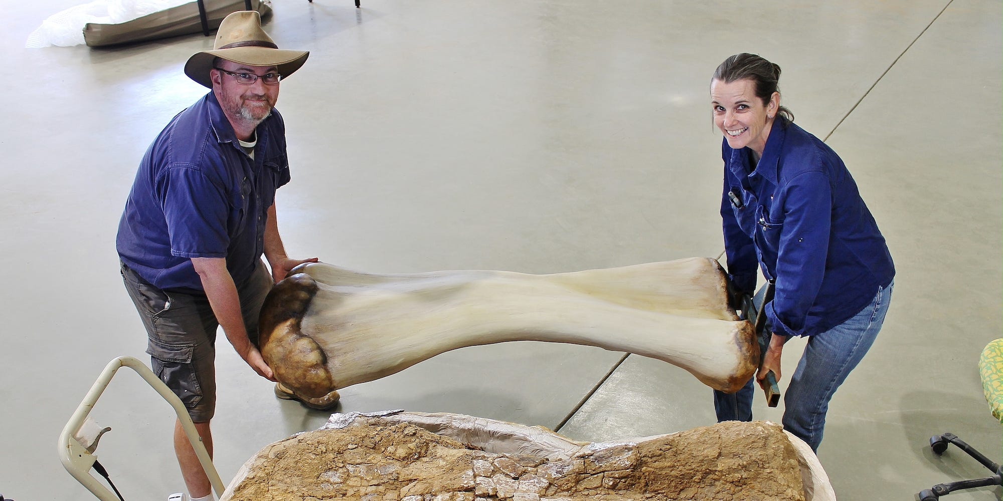 Dr. Scott Hocknull and Robyn Mackenzie pose with a 3D reconstruction and the humerus bone of "Cooper," a new species of dinosaur discovered in Queensland and recognized as the largest ever found in Australia.