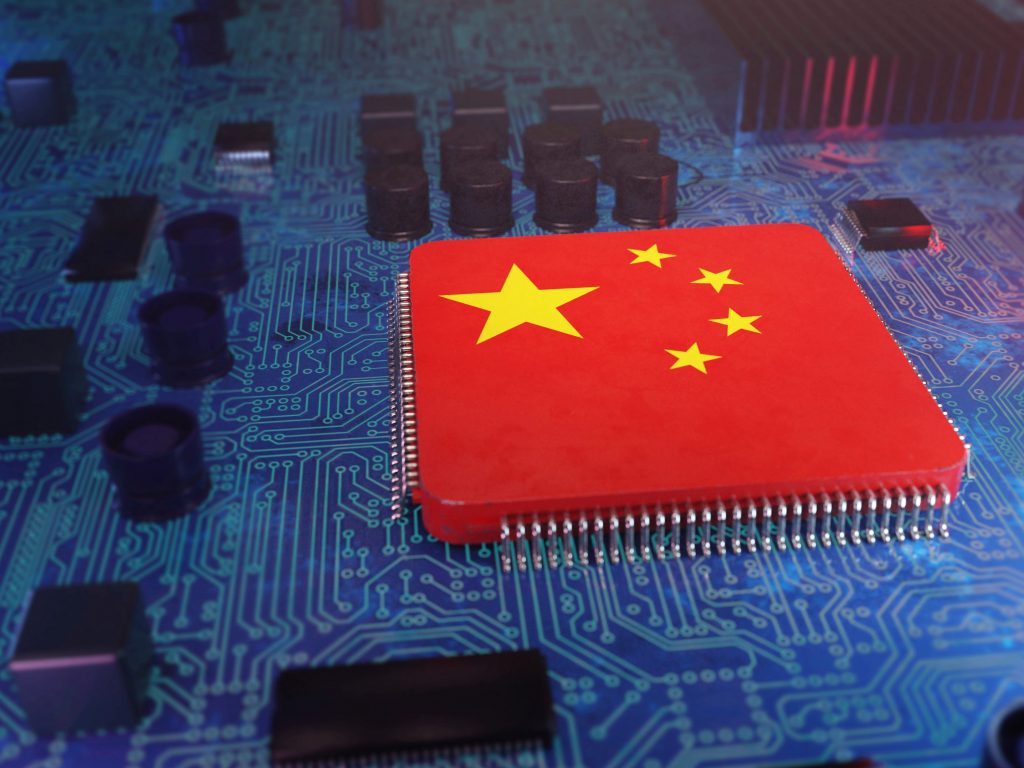 Computer chip with Chinese flag, 3d conceptual illustration.