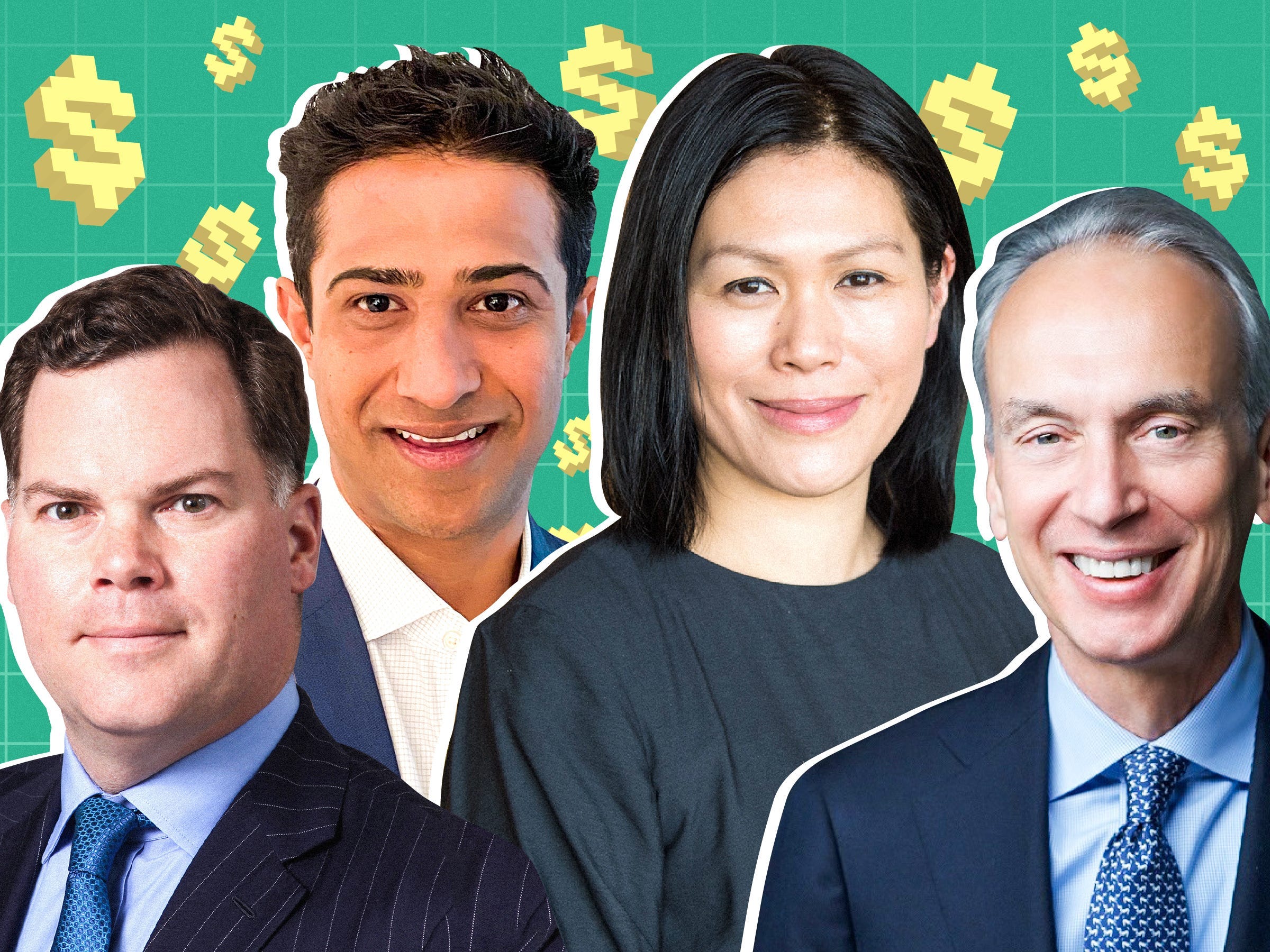 From left: Matthew Sharnoff of Bank of America, Jigar Patel of Morgan Stanley, Kelly Galanis of Goldman Sachs, and Tommaso Zanobini of Moelis & Company with yellow 3D dollar signs behind them on a green background