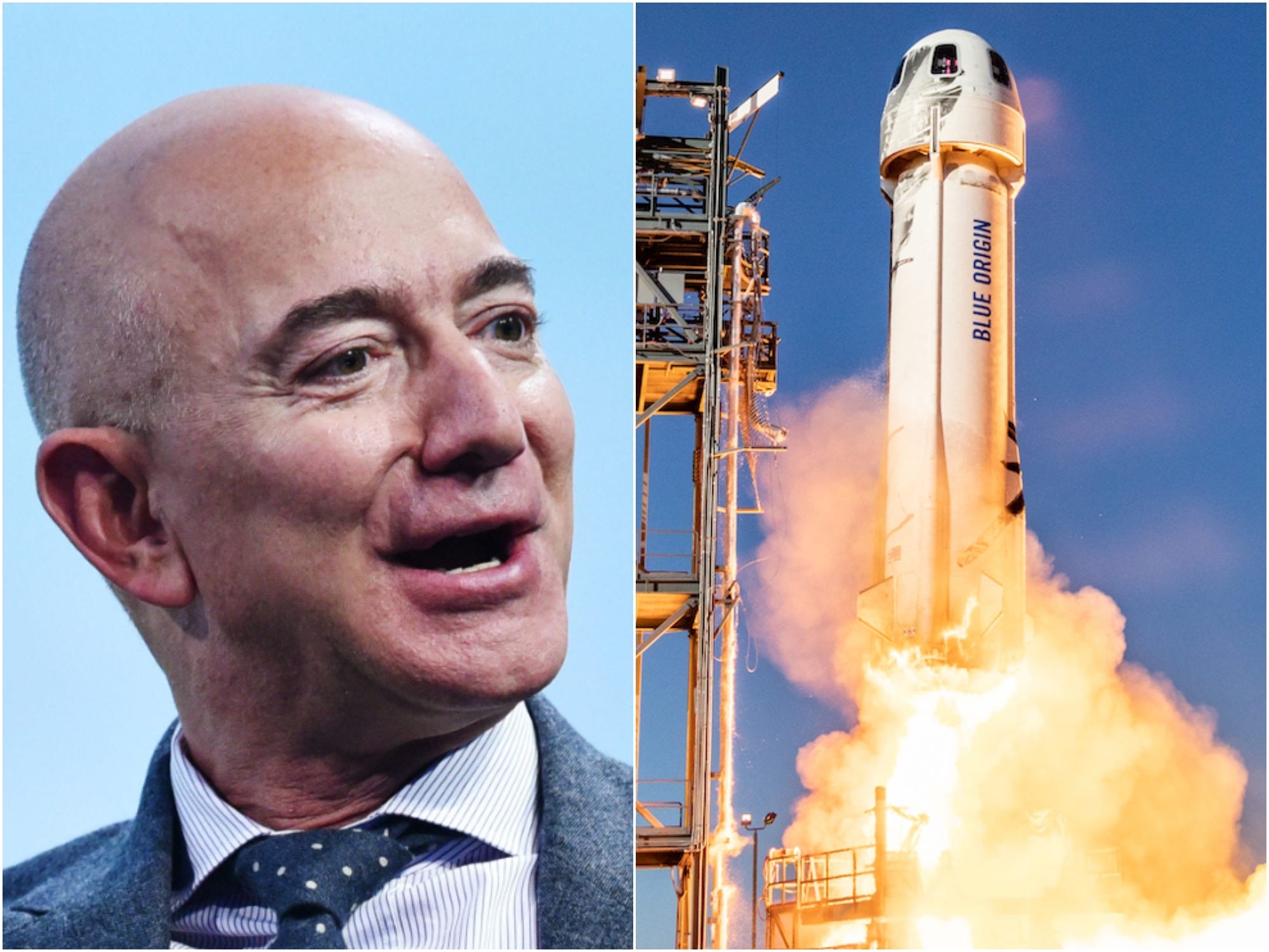 Jeff Bezos is seen speaking beside a photo of Blue Origin's New Shepard rocket lifting off.