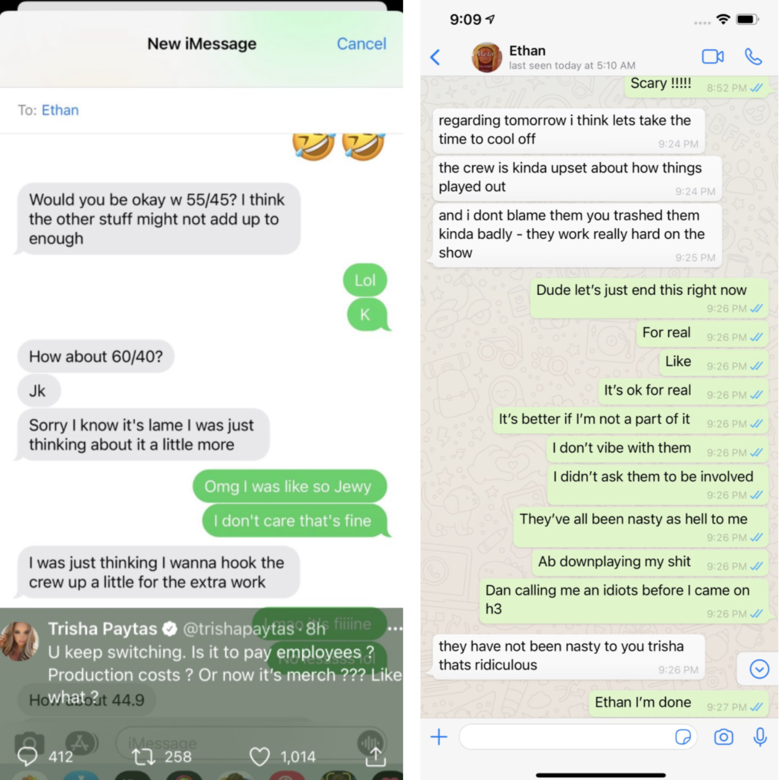 Screenshots of texts between Paytas and Klein tweeted by Paytas.