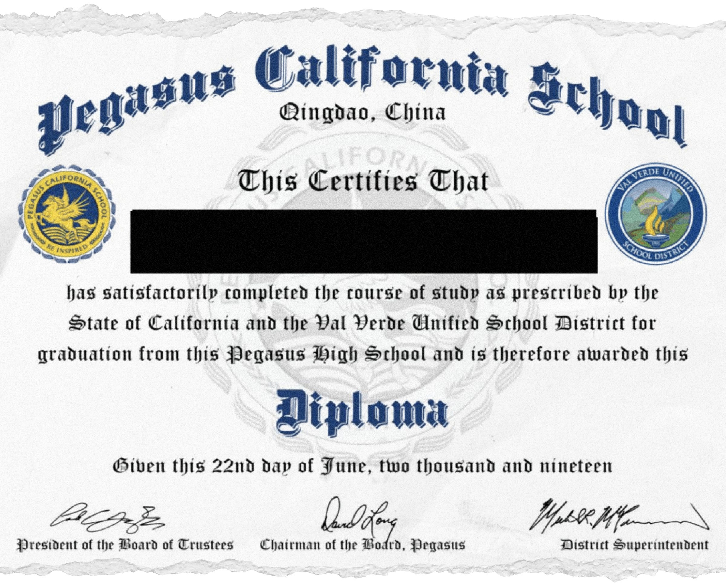 A copy of the Pegasus California School diploma with torn edges on the top and bottom