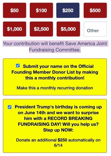 Screenshot from Save America about Trump's birthday donations