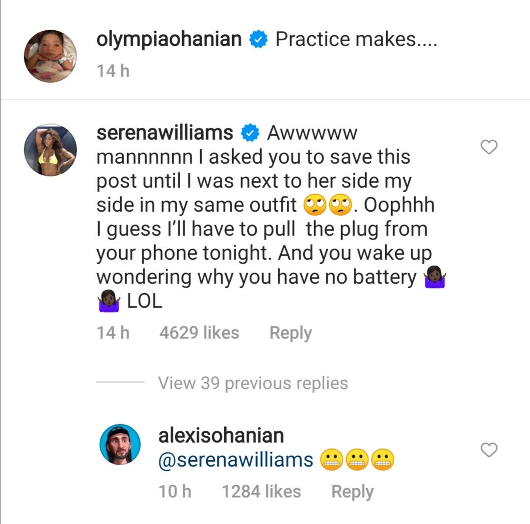 A screenshot of Williams and Ohanian's exchange on the Instagram post.