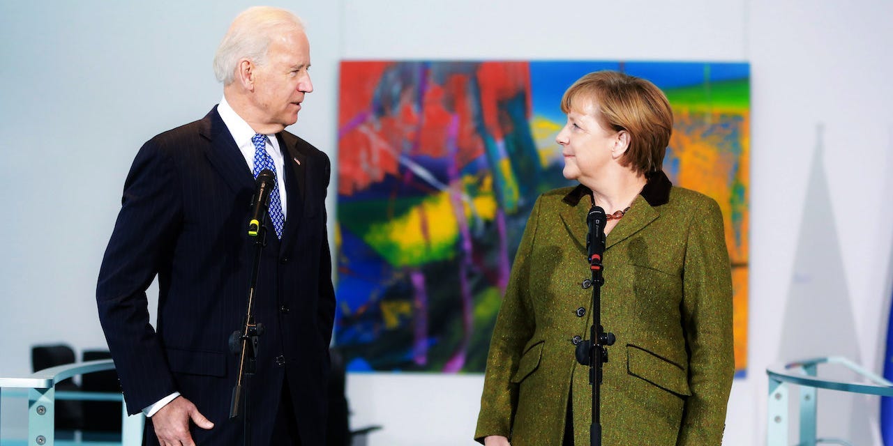 U.S. Vice President Joe Biden and German Chancellor Angela Merkel speak to the media prior to talks at the Chancellery on February 1, 2013 in Berlin, Germany.