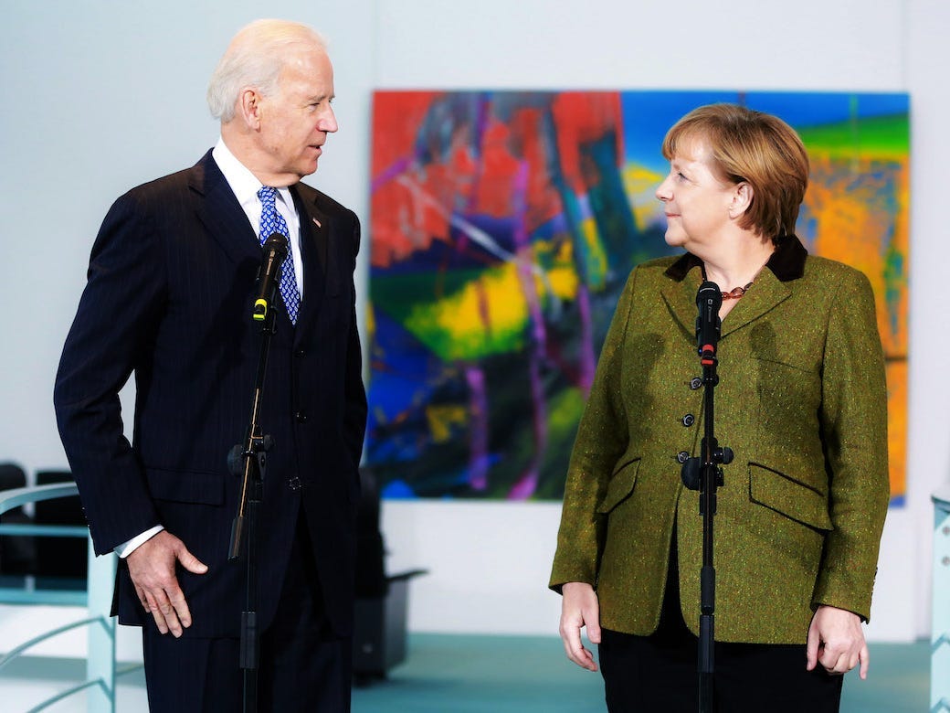 U.S. Vice President Joe Biden and German Chancellor Angela Merkel speak to the media prior to talks at the Chancellery on February 1, 2013 in Berlin, Germany.