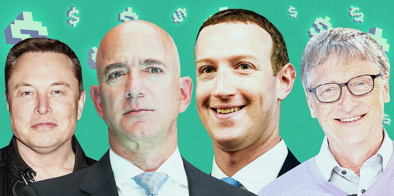 Photo shows Elon Musk, Jeff Bezos, Mark Zuckerberg, and Bill Gates against a green background.