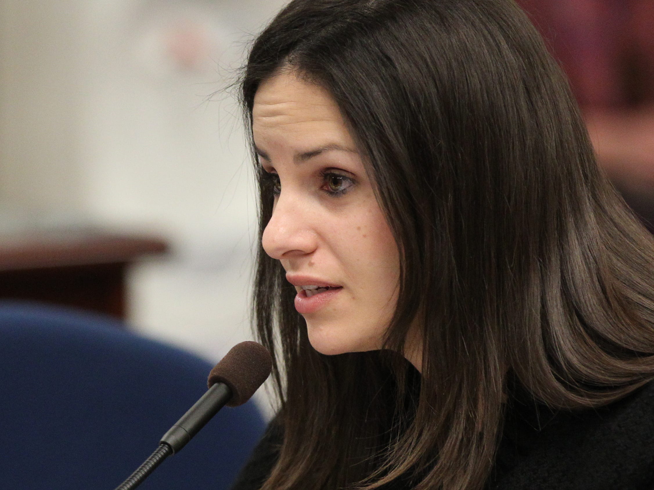 Nevada state Sen. Elizabeth Halseth speaks into a microphone.