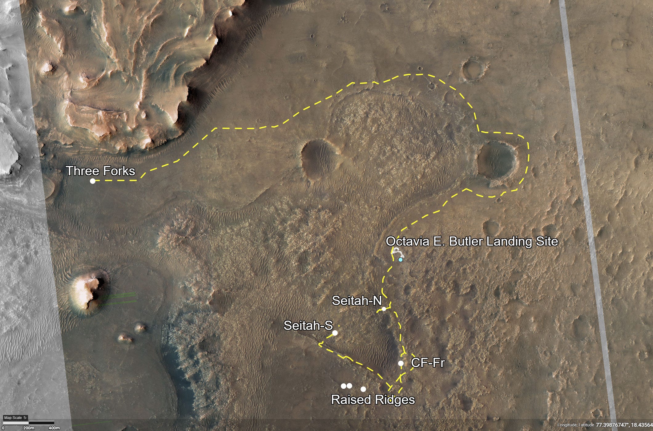 annotated image of Mars' Jezero Crater depicts the route NASA’s Perseverance rover will take during its first science campaign