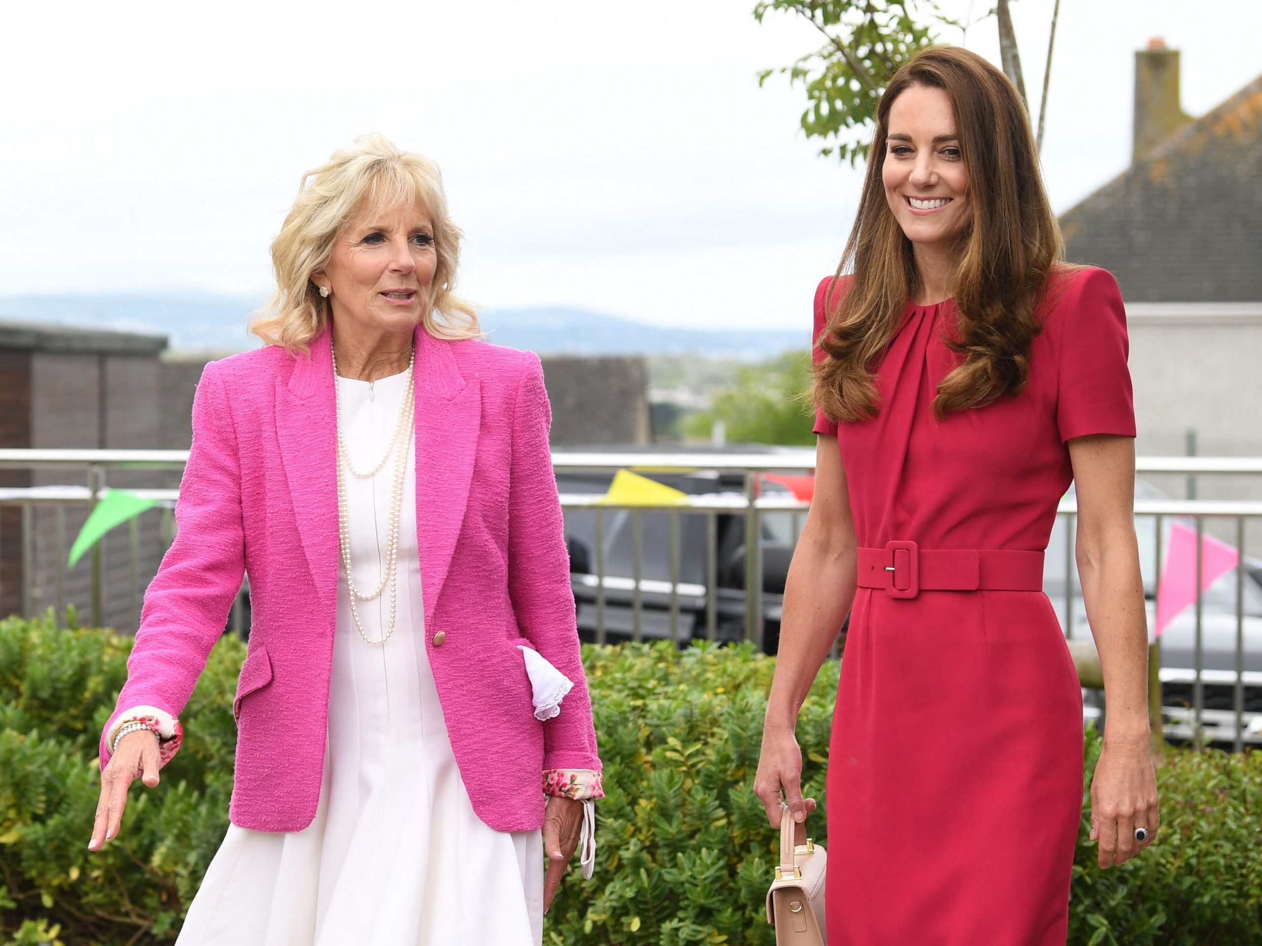 Britain's Catherine, Duchess of Cambridge and US First Lady Jill Biden visit Connor Downs Academy in Hayle, Cornwall on the sidelines of the G7 summit.