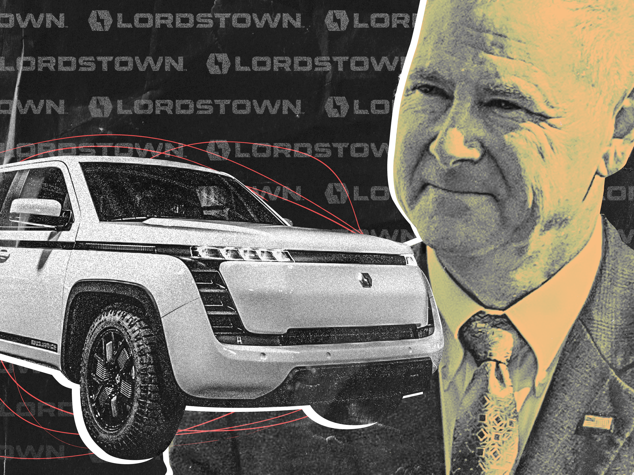 Lordstown Motors Endurance pickup truck next to a photo of CEO Steve Burns with the Lordstown logo patterned out on a black background