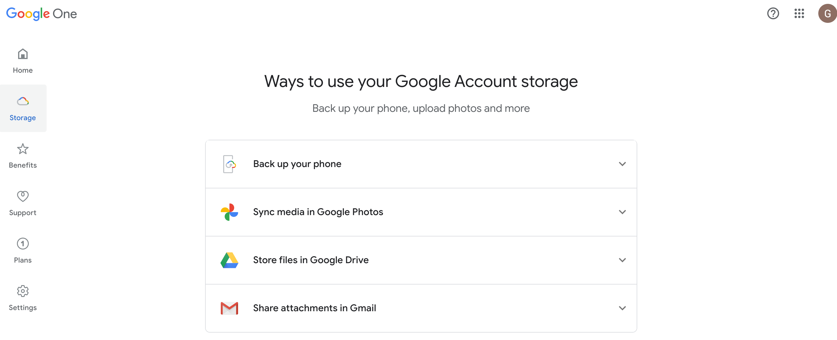 Google One account storage details page