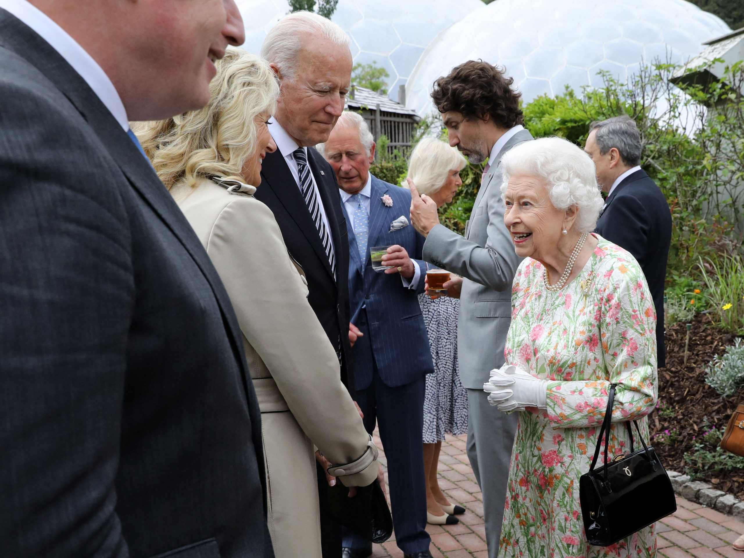 Joe and Jill Biden stand with Queen Elizabeth II