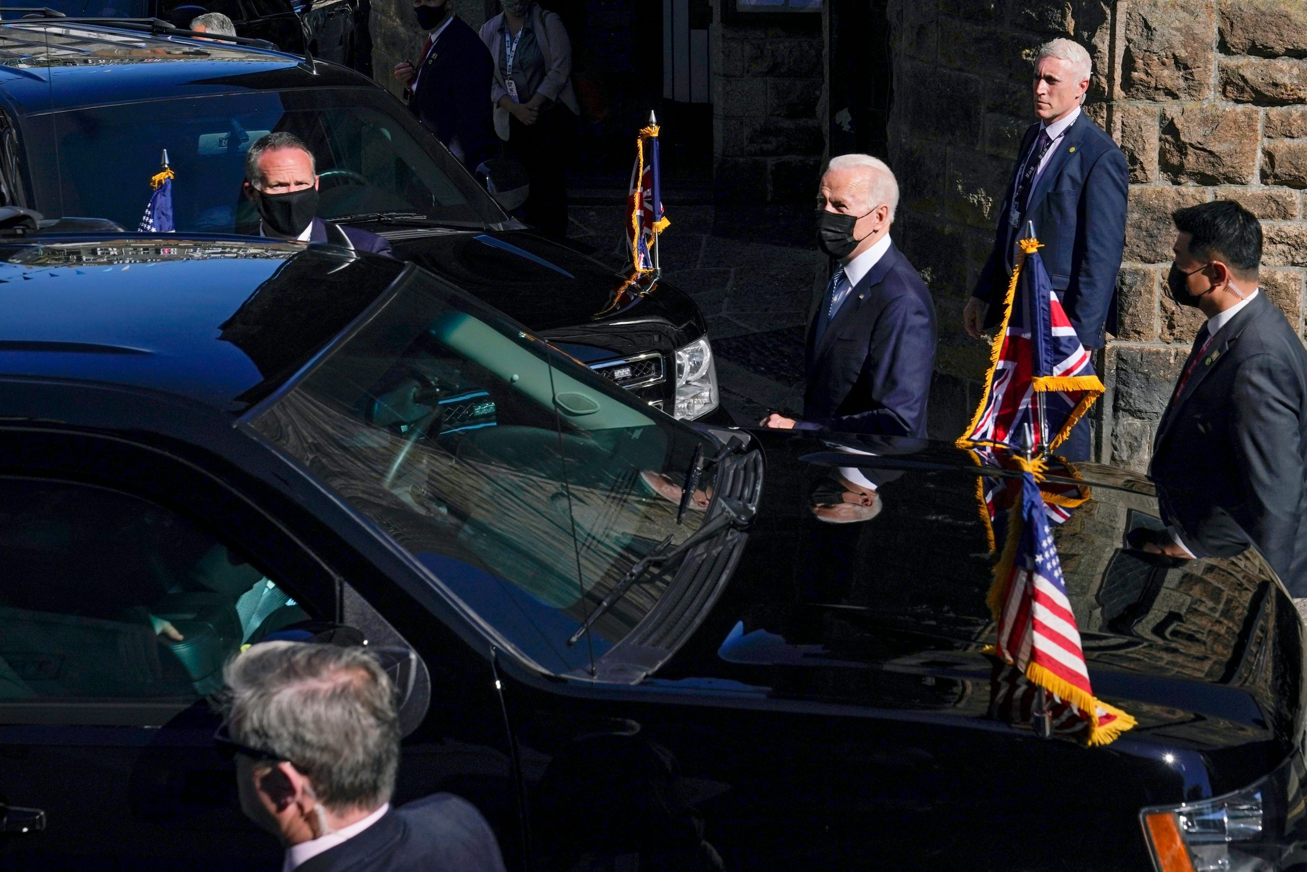 President Joe Biden leaves Sunday mass in St. Ives, England.