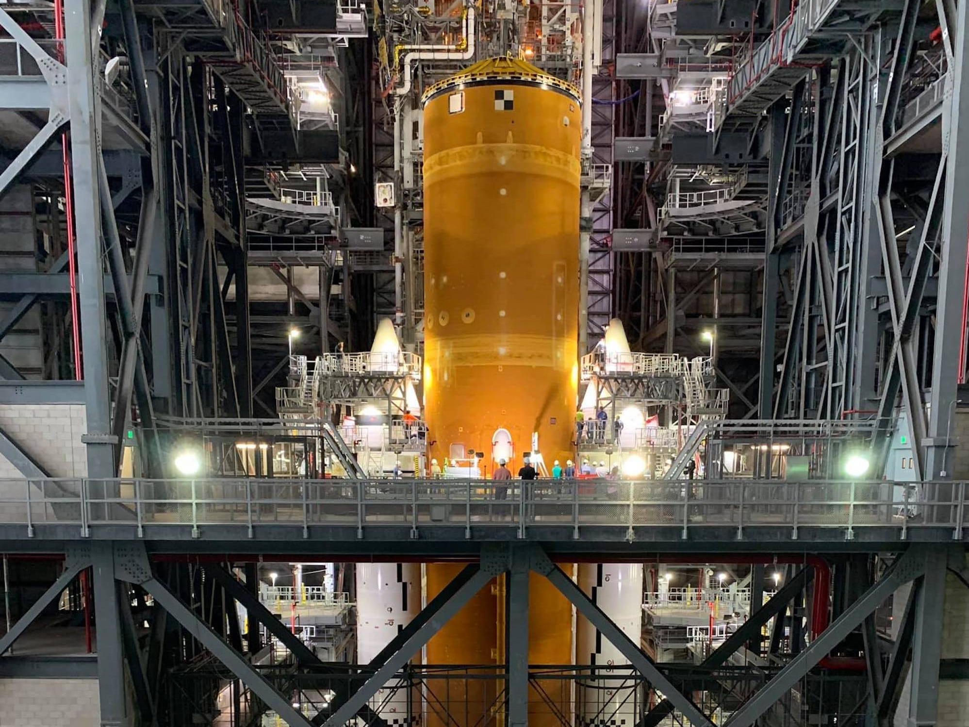 A picture of the Space Launch System core module placed between the two booster rockets, assembled on Friday June 12.