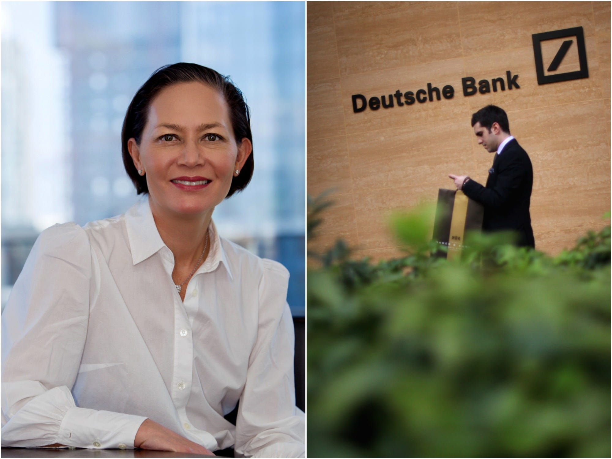 Deutsche Bank UK and Ireland CEO Tiina Lee next to a picture of a man outside the bank's office