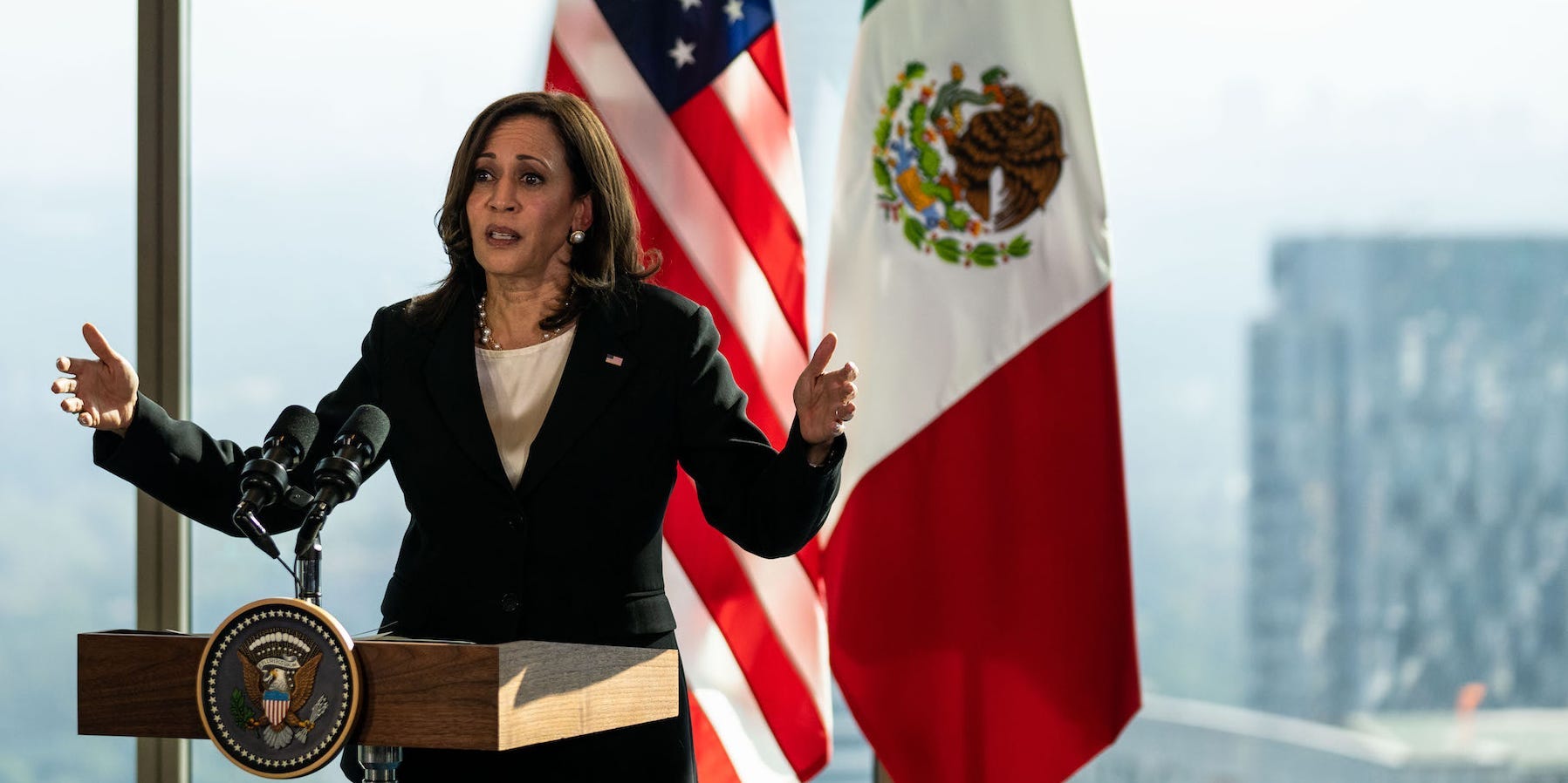 Vice President Kamala Harris speaks at an event in Mexico.