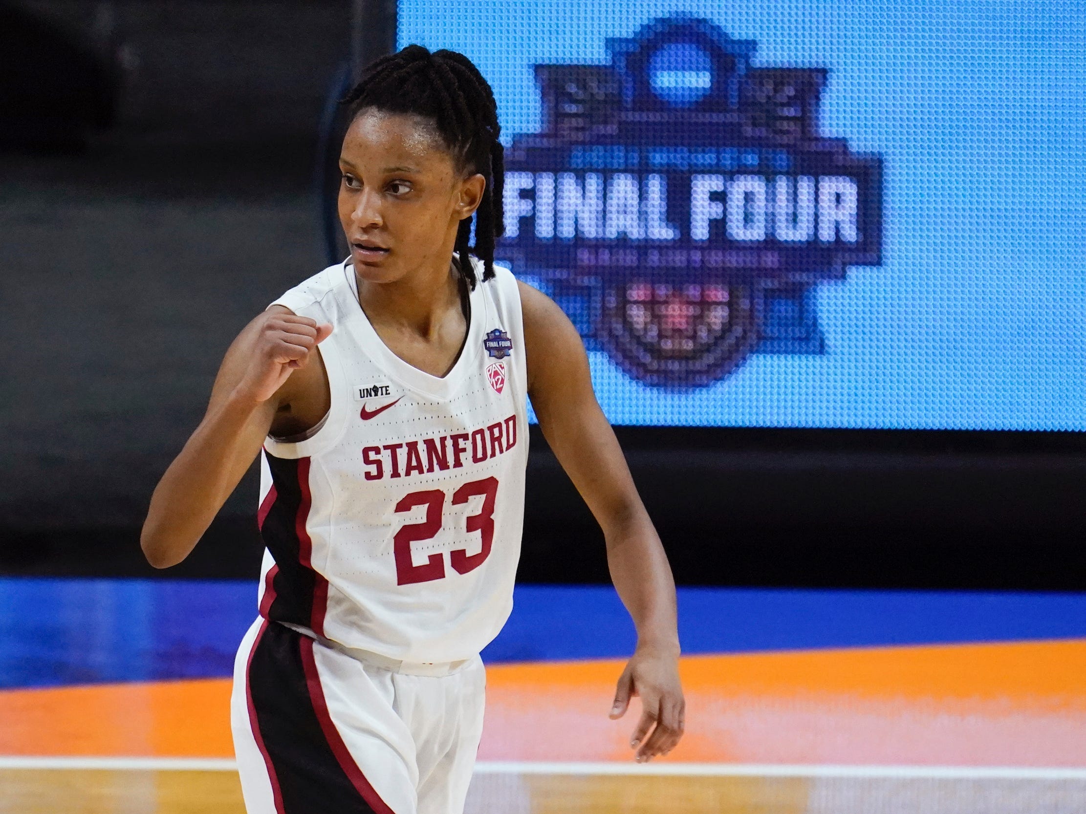 Stanford basketball's Kiana Williams celebrates at the Final Four.