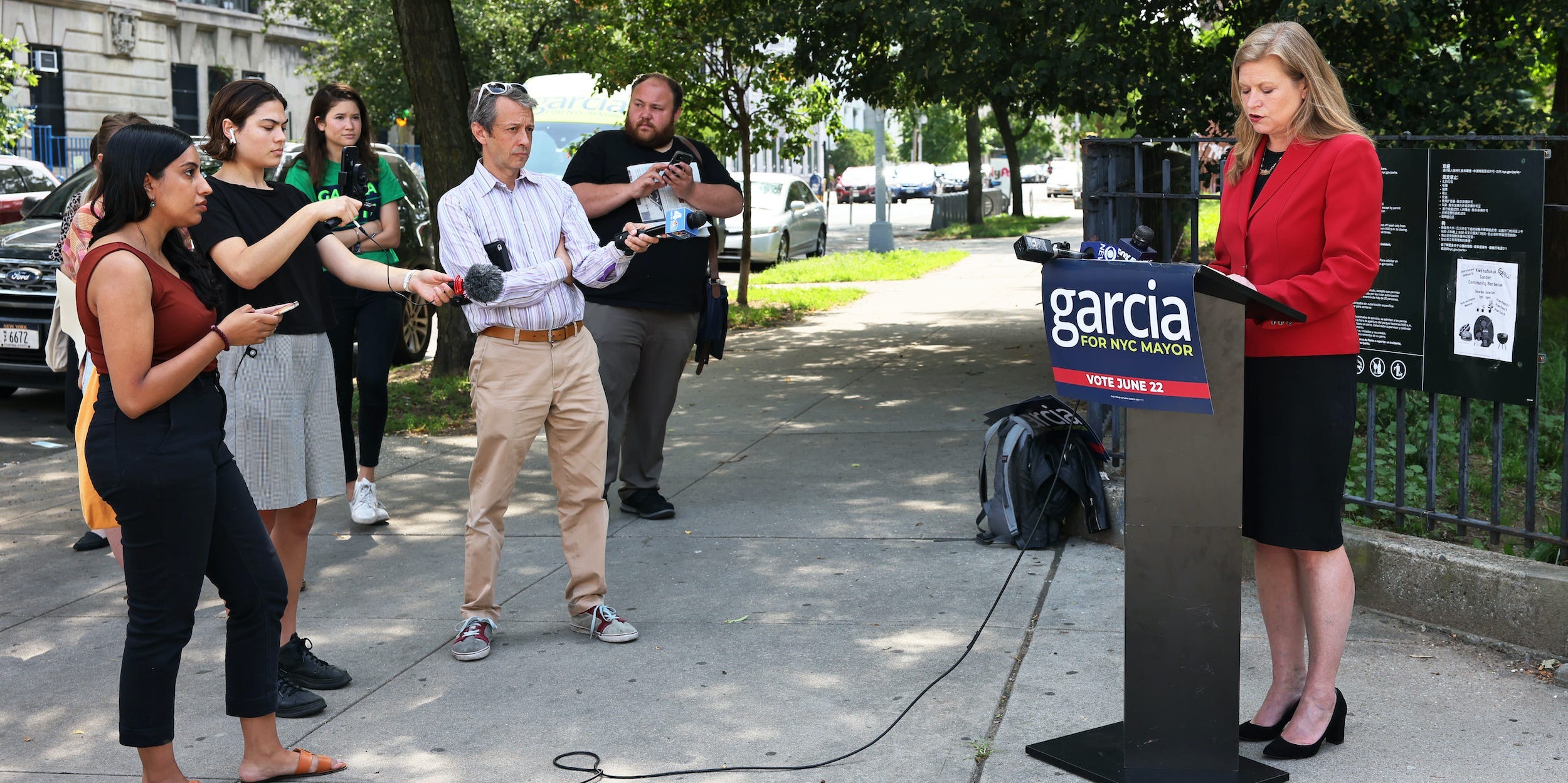 New York City mayoral candidate Kathryn Garcia speaks to reporters.