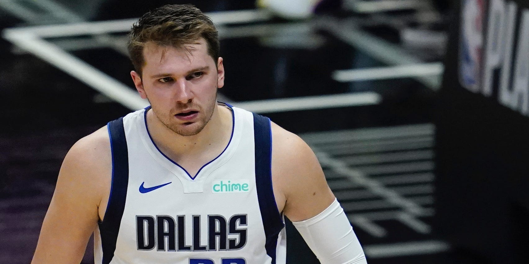 Luka Doncic on the court during the NBA playoffs.