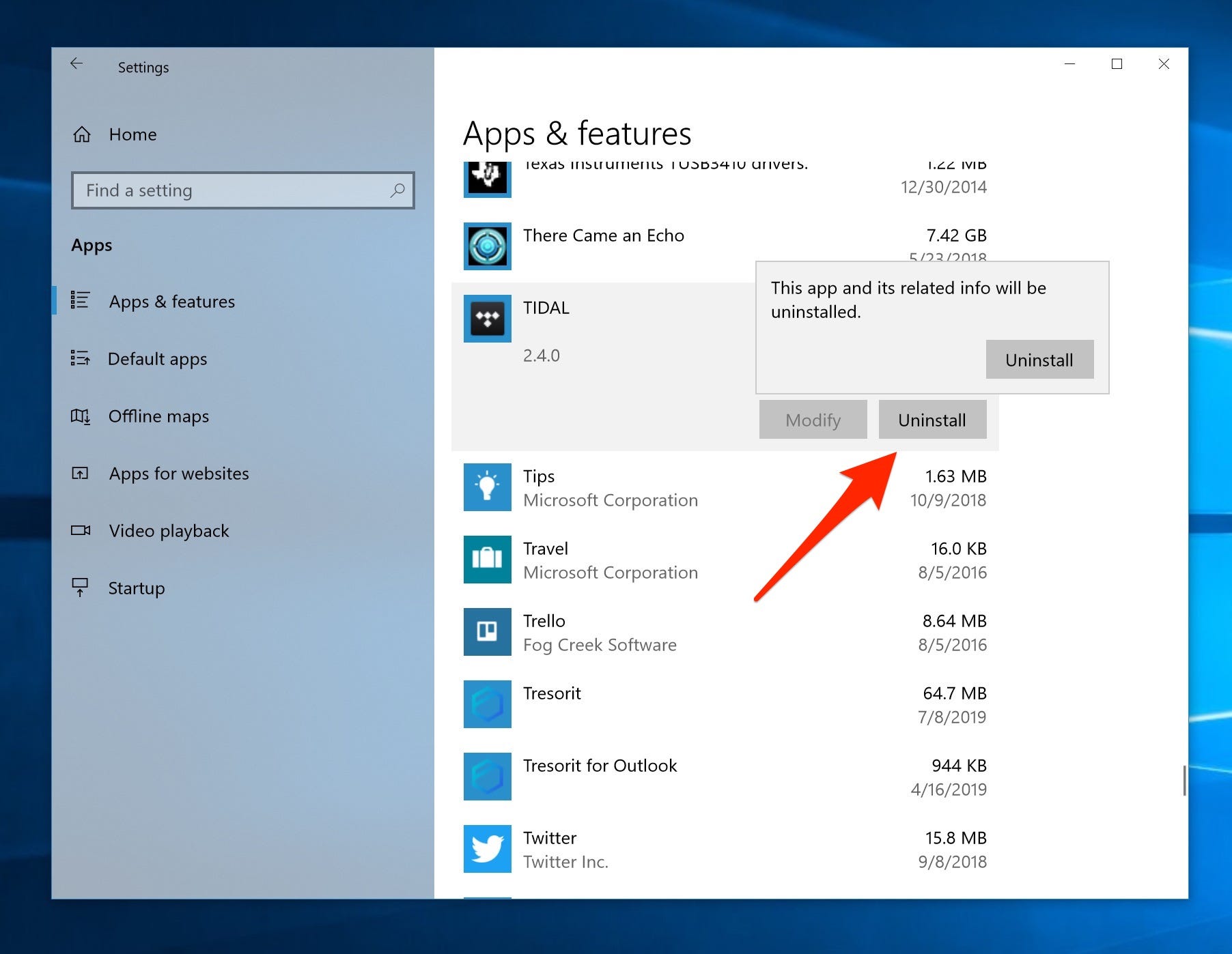 How to delete apps on Windows 10, uninstall programs screen