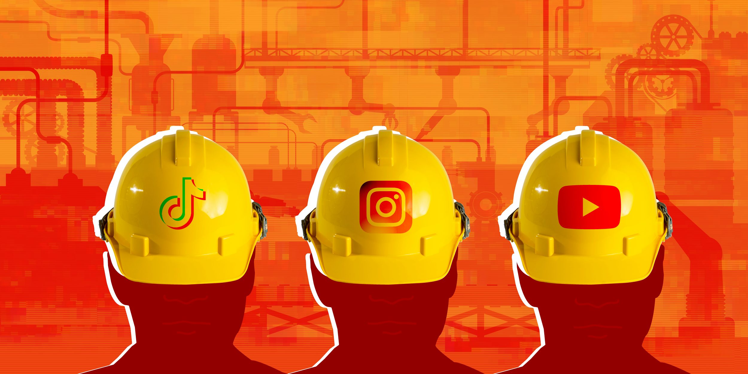 silhouettes of workers in a factory wearing hard hats with the logos of tiktok, instagram and youtube