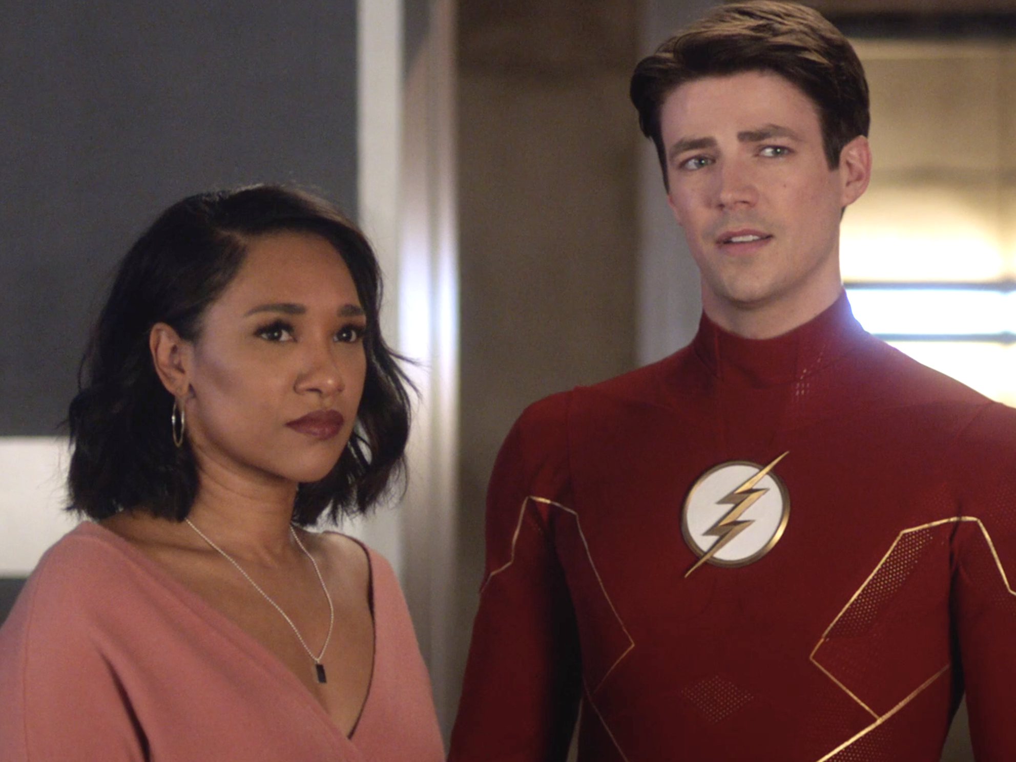 Candice Patton as Iris West-Allen and Grant Gustin as Barry Allen on season seven, episode 11 of "The Flash."