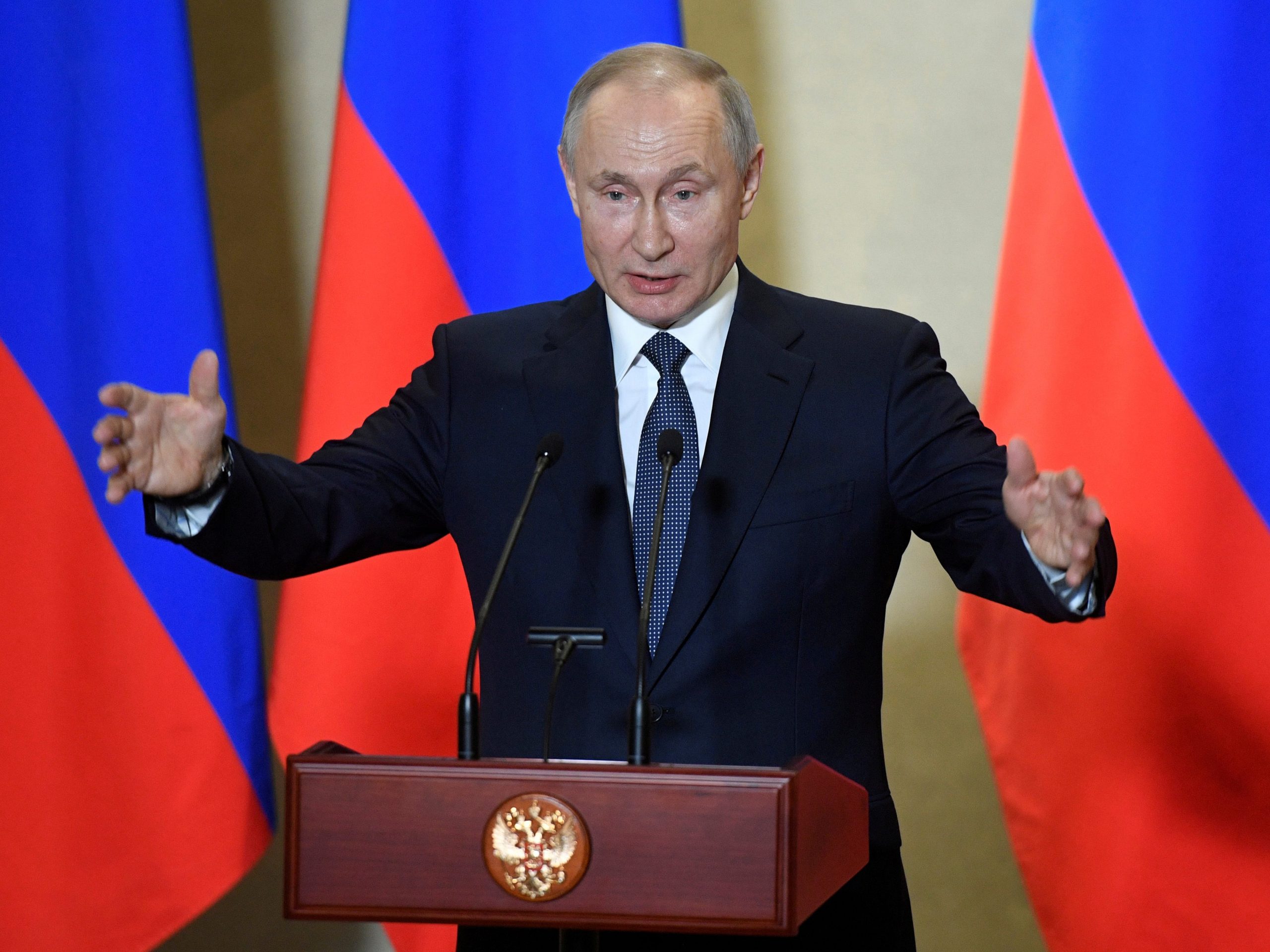 FILE PHOTO: Russian President Vladimir Putin delivers a speech in Sevastopol, Crimea, March 18, 2020. Alexander Nemenov/Pool via REUTERS